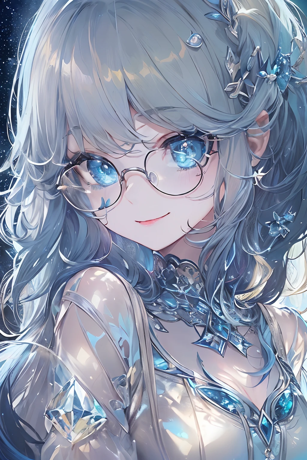 ((​masterpiece、top-quality、Official art、Beautifully Aesthetic:1.2))、(the golden ratio:1.2)、(ultra-detailliert:1.3)、(1girl in:1.3)、(Fractal Art:1.3)、(Glitter pupils)、((Half dark blue、Half Blue:2))、(heterochromia iridis:Blue right eye and light blue left eye)、((A smile))、(Hyper-detailing), ((delicate detail)), (intricate detailes), ((ciinematic light, best quality backlight)), ((The best lighting, extremely delicate and beautiful)), (ray trace reflection、brilliance)、((glowing aura))、((Radiant hair))、((The ultra-detailliert))、((night sky full of stars))、(Shining eyes:1.5),(Crystal pupil:1.2),(Big eyes)、(Crystals in the eye:1.2),(Round glasses)、((High School Uniforms))