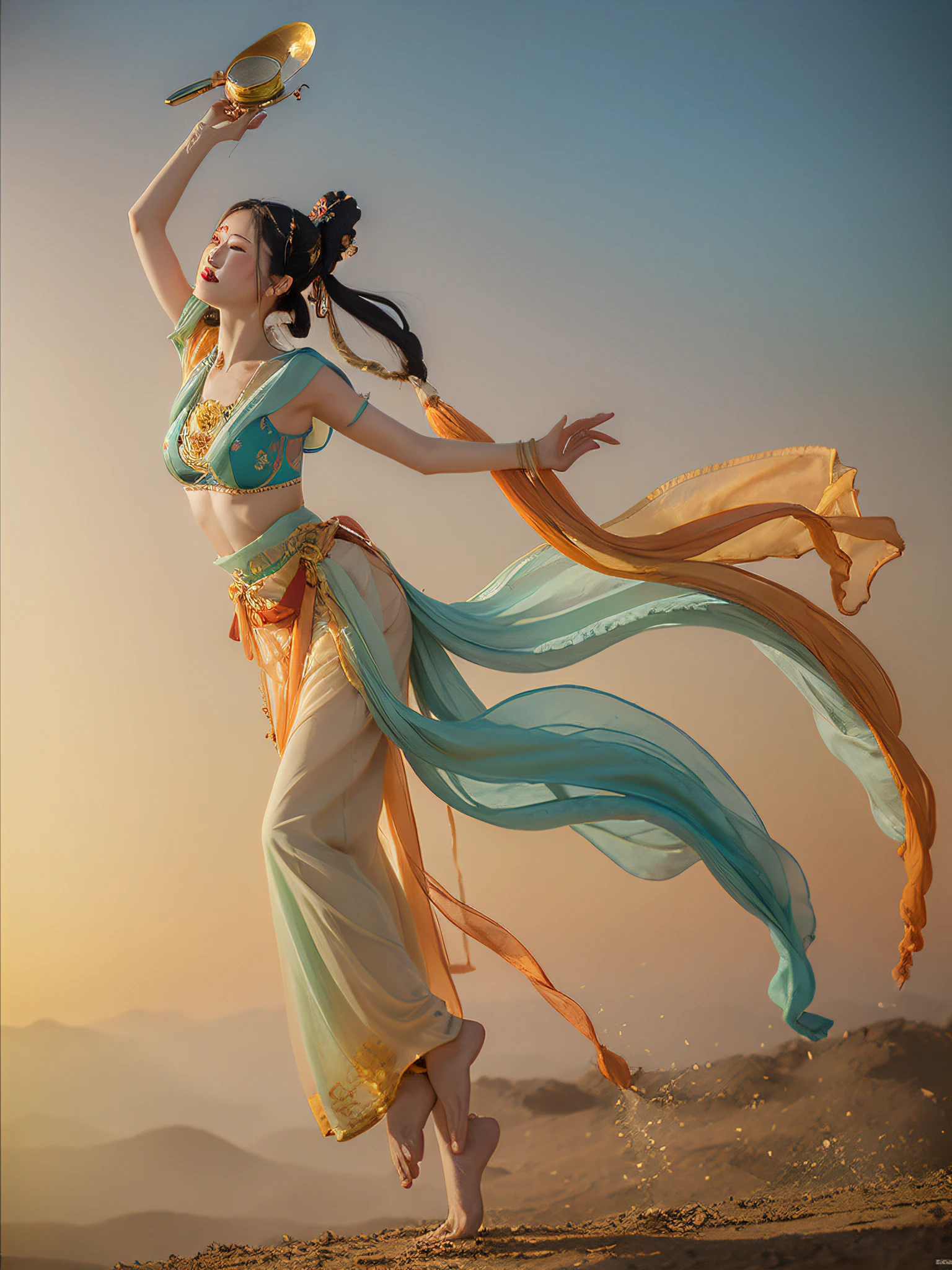 tmasterpiece,wonderland, 1个Giant Breast Girl, long whitr hair, full bodyesbian，The barefoot，looking at viewert, O spirit, drak, dunhuang_style, dunhuang_cloths, UHD Dragon Horn, The dragon is flying, 4k, Best quality at best, super detailing, Award-Awarded, high qulity,Best quality at best，high detal