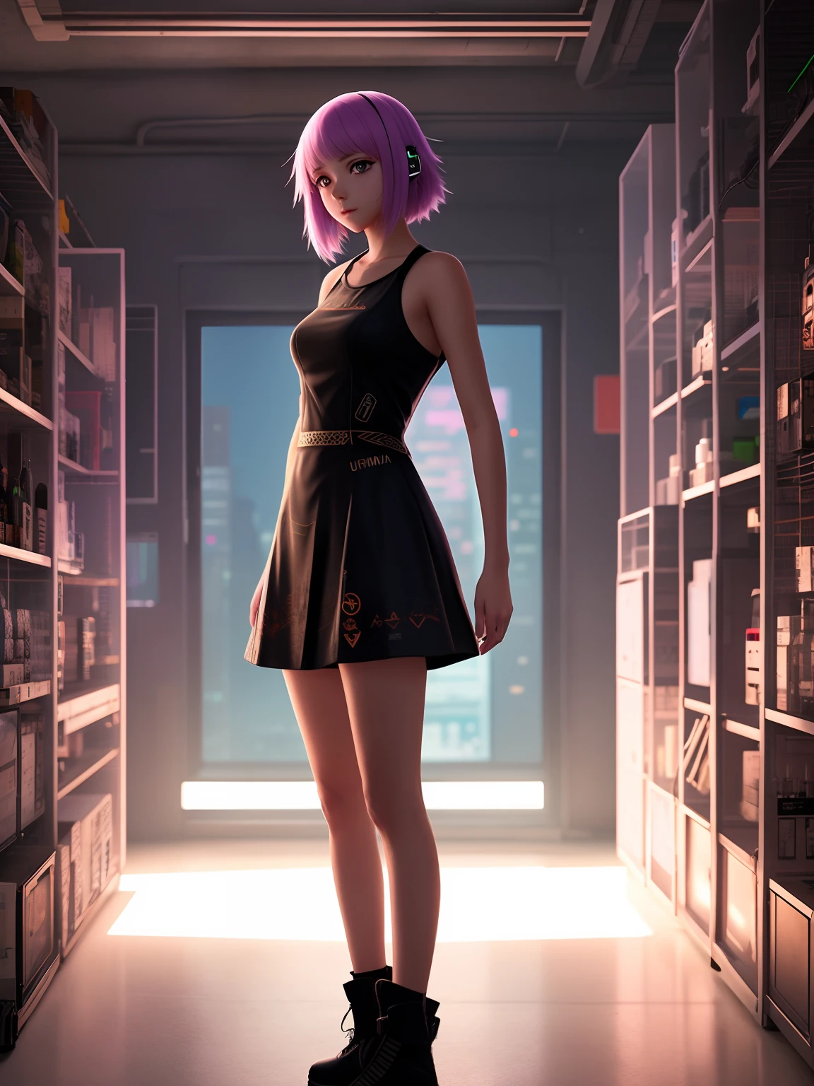 uma menina, estilo anime, cyberpunk, vestido florado, standing on her feet, cabelo branco, in a lab, fiction, (alta qualidade), (alta resolução), (vagalumes voando) 4k