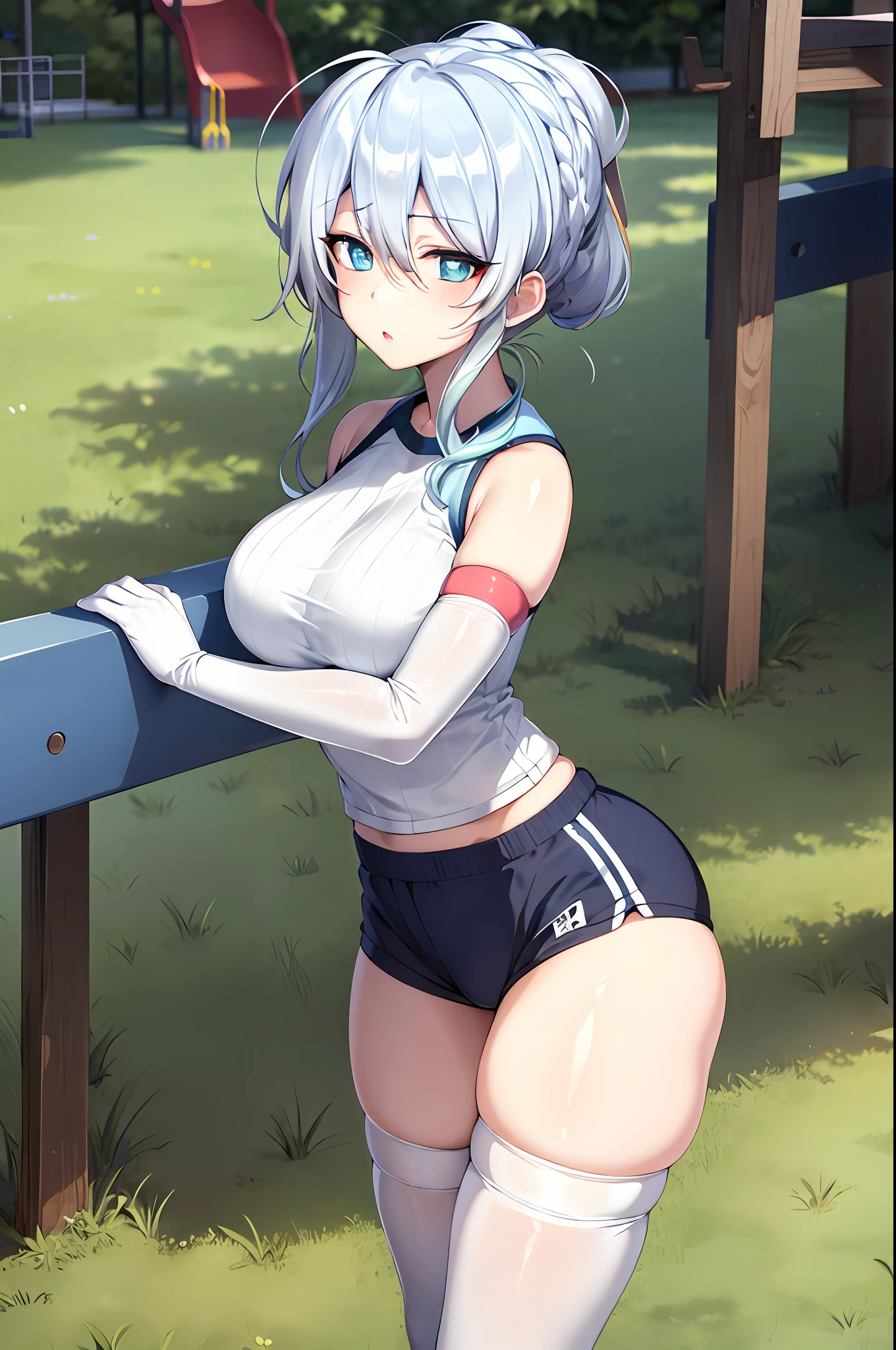 masterpiece, best quality, highres, Yukino, silver hair, blue eyes, short hair, symbol-shaped pupils, +_+, large breasts, gym uniform, white shirt, sleeveless, white gloves, elbow gloves, white shorts, gym shorts, short shorts, white thighhighs, outdoor, playground, grass, cowboy shot, standing, leaning forward,