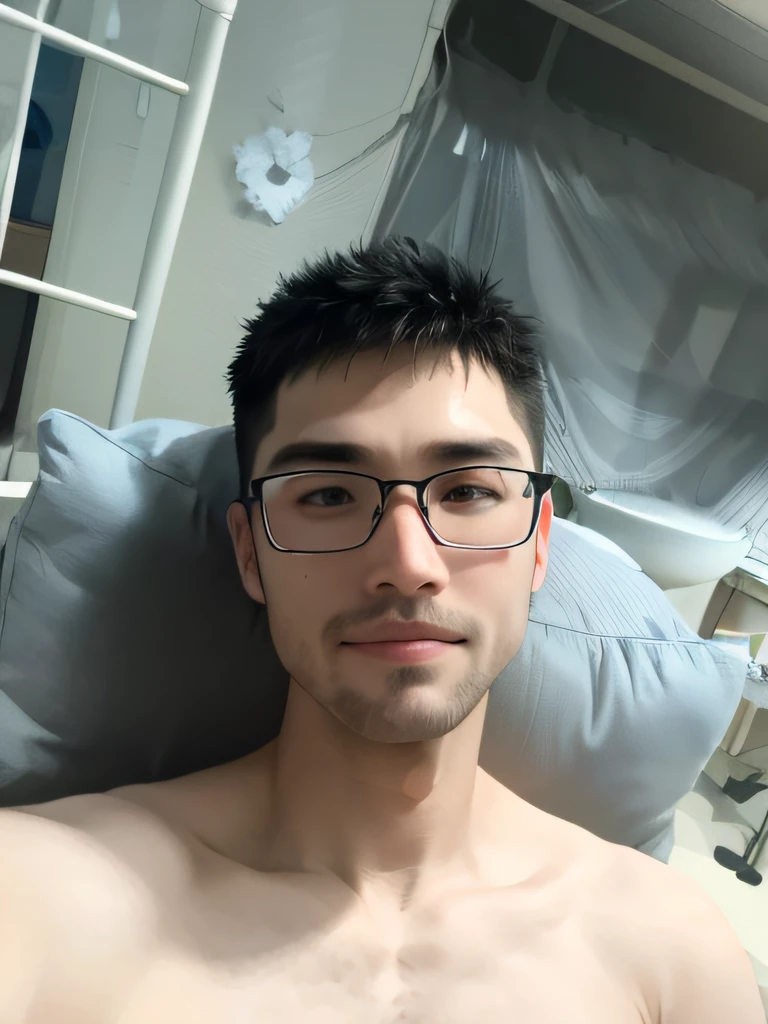 The jawline is soft，Slightly bearded，The pupil is red left and blue right，Wearing a white shirt，ssmile，The mouth is slightly closed，short detailed hair