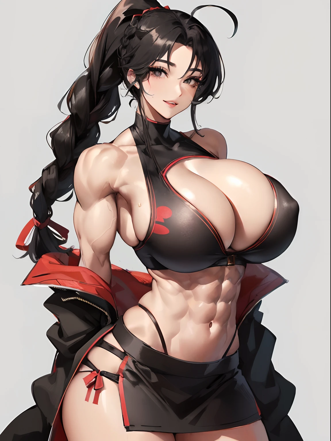 masutepiece, Best Quality, 1 adult female, harukagracia, Black hair, Long hair, Ahoge、braid ponytail、cleavage cutout, Clothes Cutout, black eyes, Dress:1.5, lip stick, makeup, ((super gigantic breast)), (muscular:1.5), (musculature, Abs, Biceps, oblique, abs lines, Army, Ripped, Fit), smile, sketch, Solo, Full body, decent clothing:1.5, SFW:1.5,