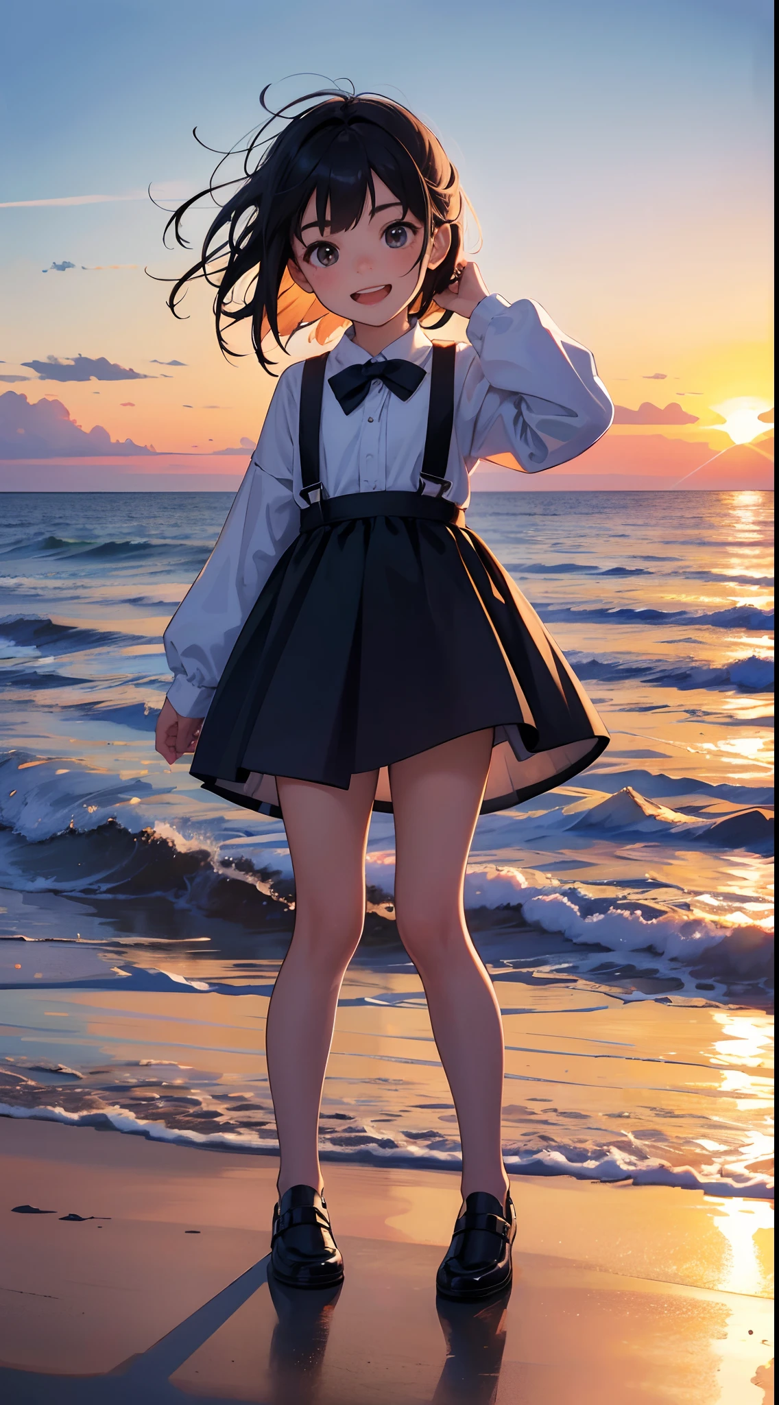 A happy little girl,Dressed in casual attire,standing on the sea side,The background is the cross-sea bridge,Sunset and sunset,Face the camera,Full body photo,Ultra-high definition
