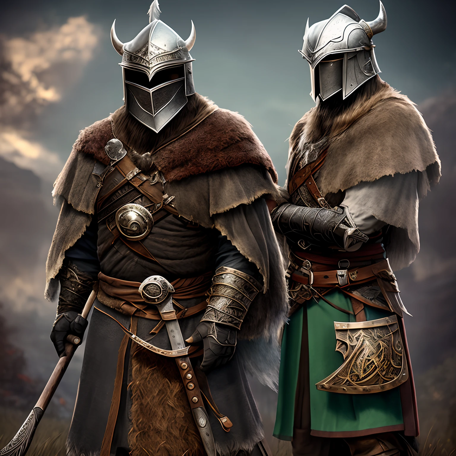 Long beard，mature，mtu，ax，scyscraper，Warriors，
Experienced hunter，
fur shawl，Short hair skirt，Horn helmet，Tattooed with，long cape，
Iron shoulder armor，
Viking warrior，saints，
European style，Vintage style，
k hd，32K，
full bodyesbian，