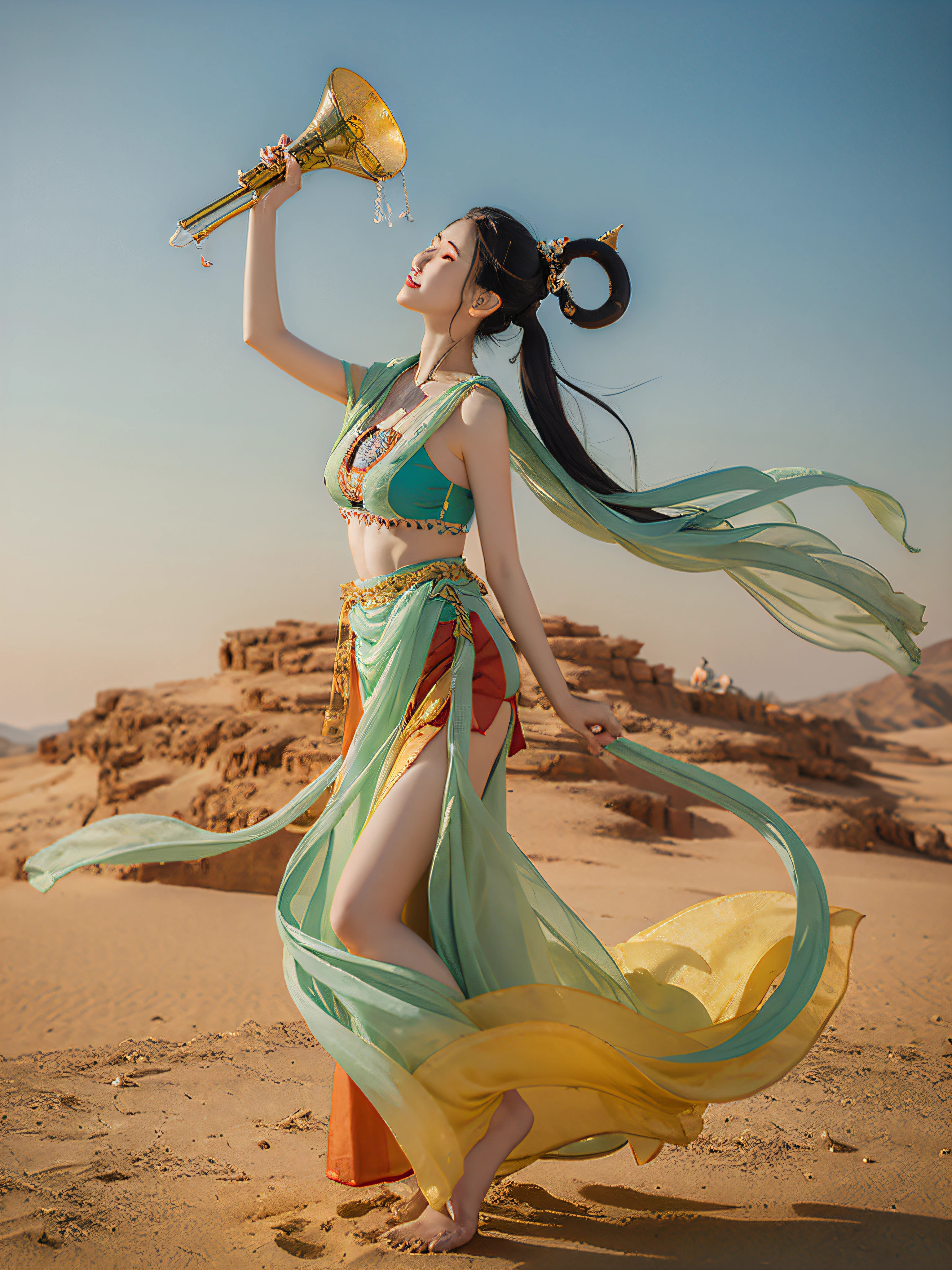 tmasterpiece,wonderland, 1个Giant Breast Girl, long whitr hair, full bodyesbian,The barefoot,looking at viewert, O spirit, drak, dunhuang_style, dunhuang_cloths, UHD Dragon Horn, The dragon is flying, 4k, Best quality at best, super detailing, Award-Awarded, high qulity,Best quality at best,high detal