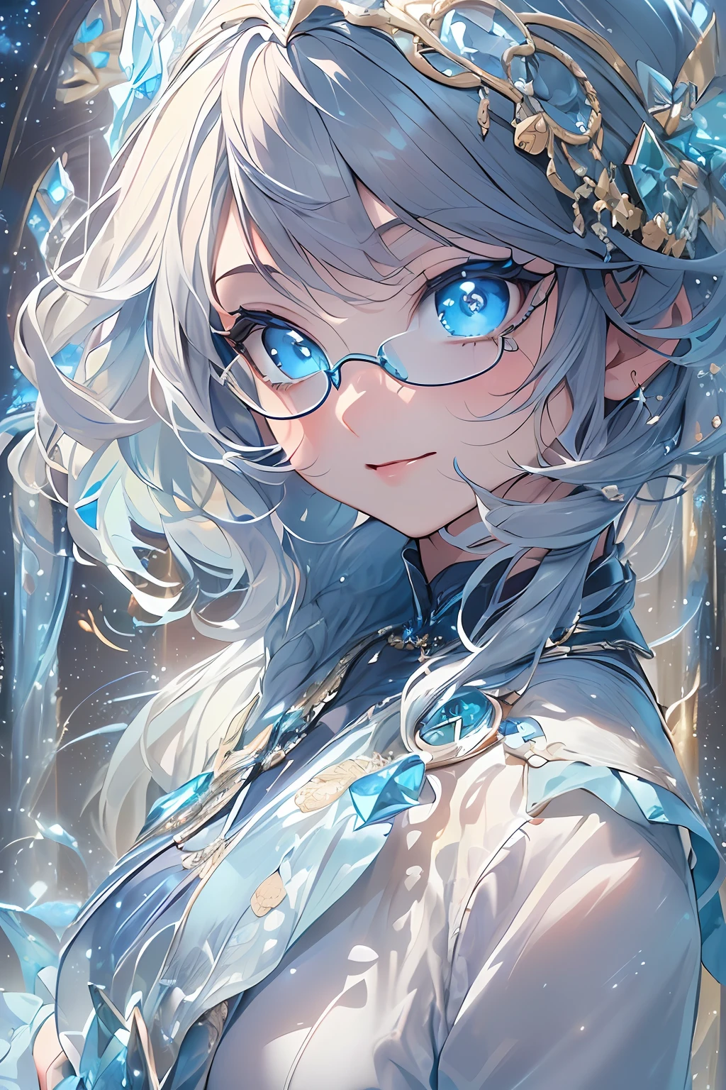 ((masterpiece、top-quality、Official art、Beautifully Aesthetic:1.2))、(the golden ratio:1.2)、(ultra-detailliert:1.3)、(1girl in:1.3)、(Fractal Art:1.3)、(Glitter pupils)、((Half dark blue、Half Blue:2))、(heterochromia iridis:Blue right eye and light blue left eye)、((a smile))、(Hyper-detailing), ((delicate detail)), (intricate detailes), ((ciinematic light, best quality backlight)), ((The best lighting, extremely delicate and beautiful)), (ray trace reflection、brilliance)、((glowing aura))、((Radiant hair))、((The ultra-detailliert))、((night sky full of stars))、(Shining eyes:1.5),(Crystal pupil:1.2),(Big eyes)、(Crystals in the eye:1.2),(Round glasses)、((High School Uniforms))