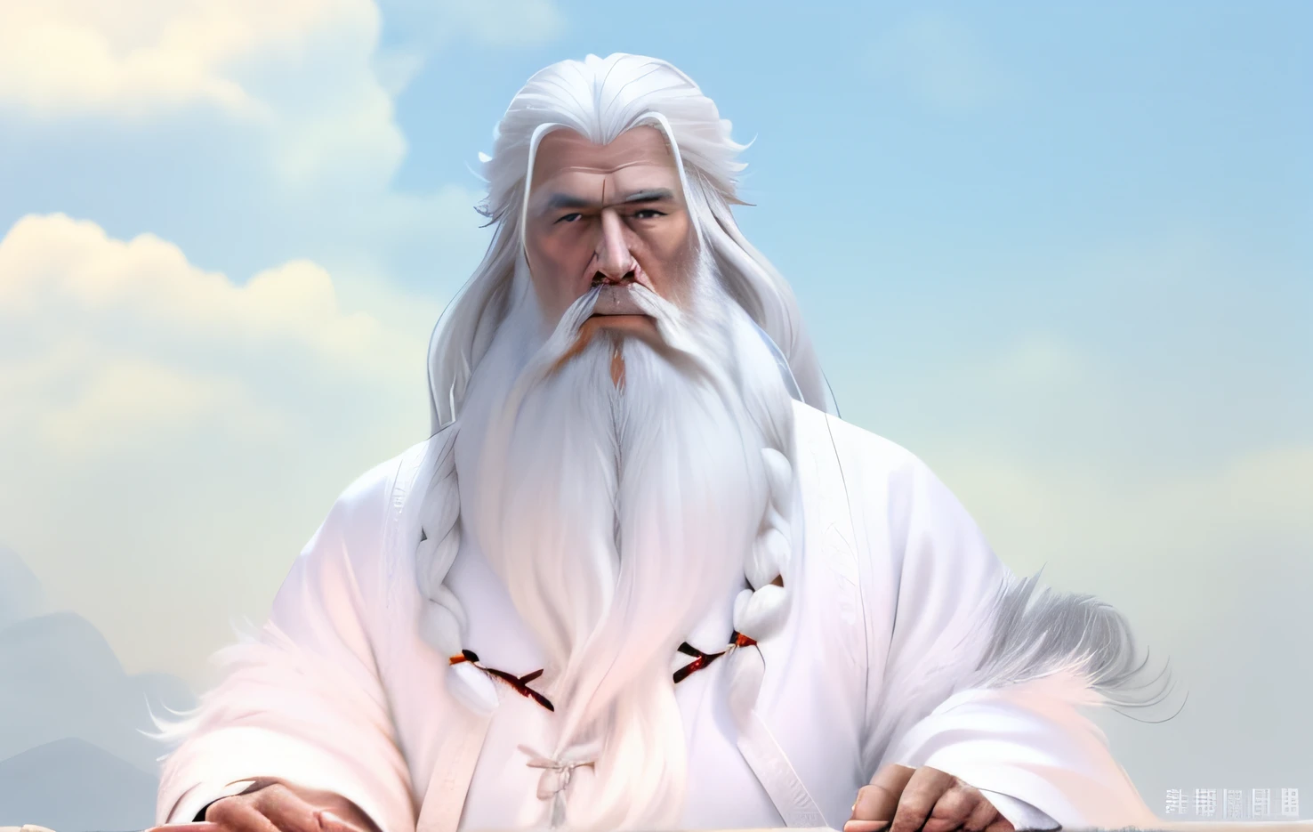 Close-up of a man with a white beard and white hair, Long white hair and white beard, Taoist,, Taoist master, Long white beard, with long white hair, white daoist robes, tian zi, cloud-like white hair, White hair and white beard, white-haired god, chi-gong, White beard