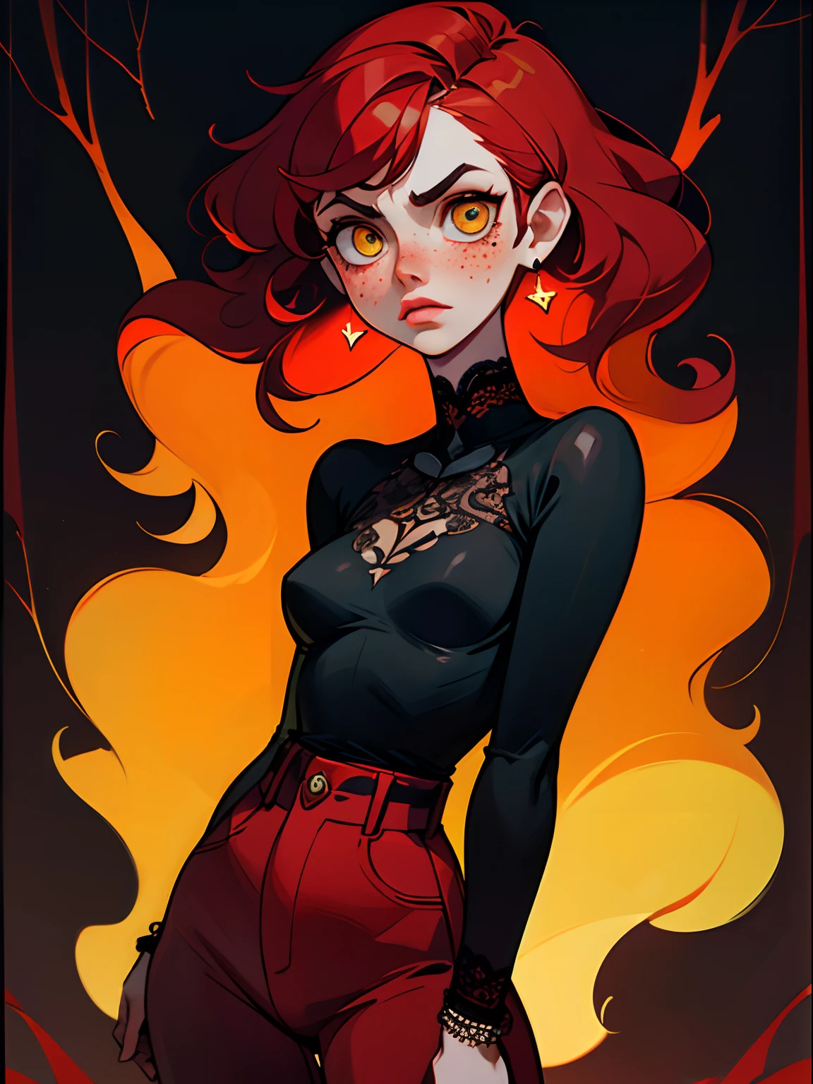 The girl is one, pale skin, freckles on her face, pouty lips, Yellow eyes, Long red hair, extra very long hair, the background is black, evil face, curly hair, chubby girl, waist-high, long earrings, A bracelet, tight red pants, Black Sky, overcast weather, dark forest background, red tight pants, Black Gothic-style top with lace