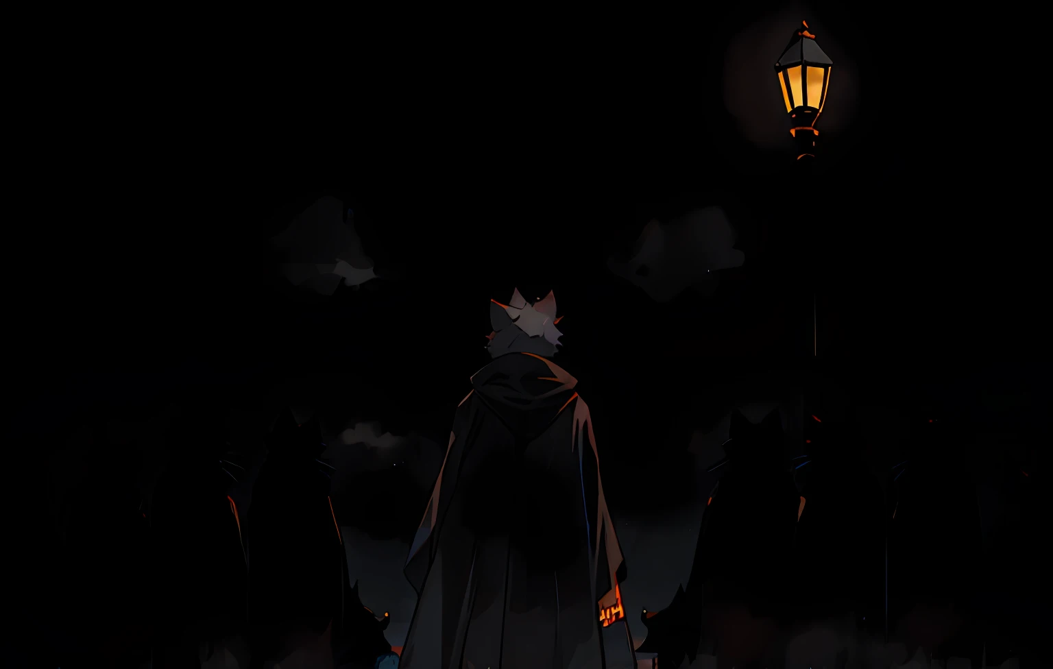 A man holds a black cat,wearing cloak,The cloak is cat-eared,Go into the distance,style of anime,The man was surrounded by a gray mist,The back of the man,the night,starrysky,Dark black background,Black cat on the shoulder