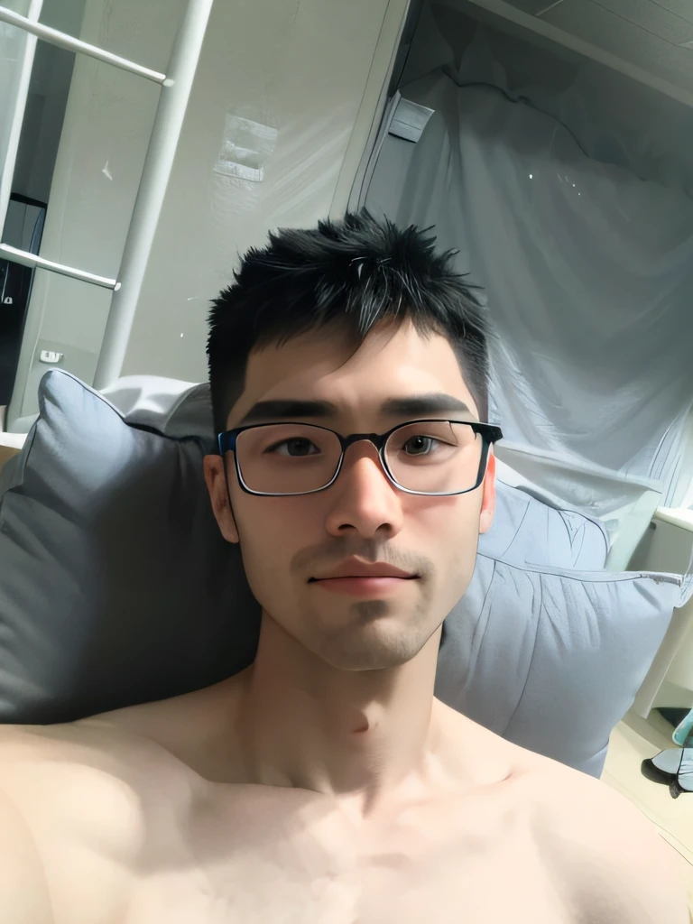 The jawline is soft,Slightly bearded,The pupil is red left and blue right,Wearing a white shirt,ssmile,The mouth is slightly closed,short detailed hair