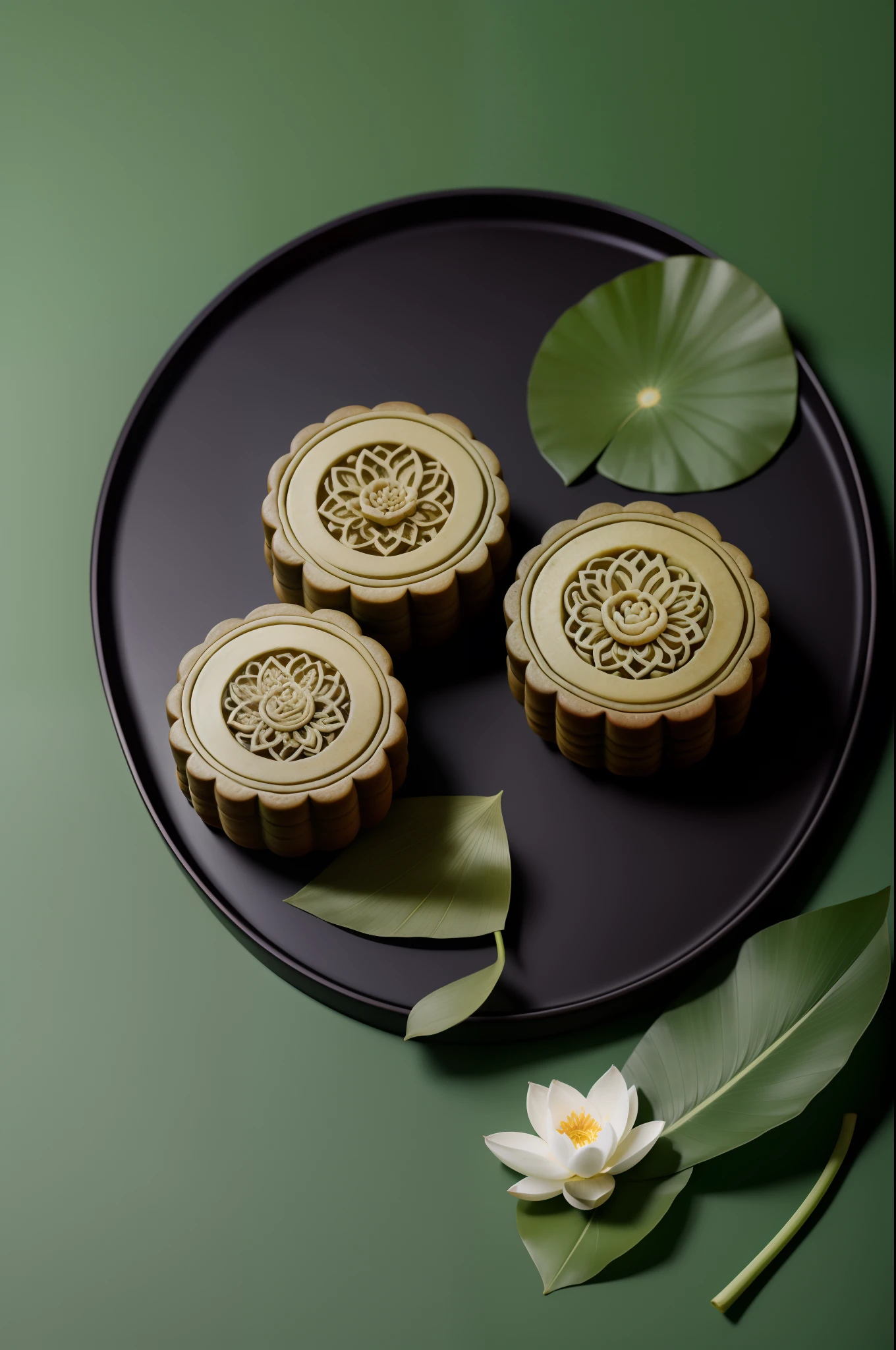 Mooncake shooting,Chinese ink artistic conception on green background,Lotus leaf,smog,tmasterpiece,Ultimate quality,CG unity 8k wallpaper,Super delicate,,A long-won photo contest,Background bokeh,The depth of field is full,HDR high dynamics,True restore,Attention to detail,