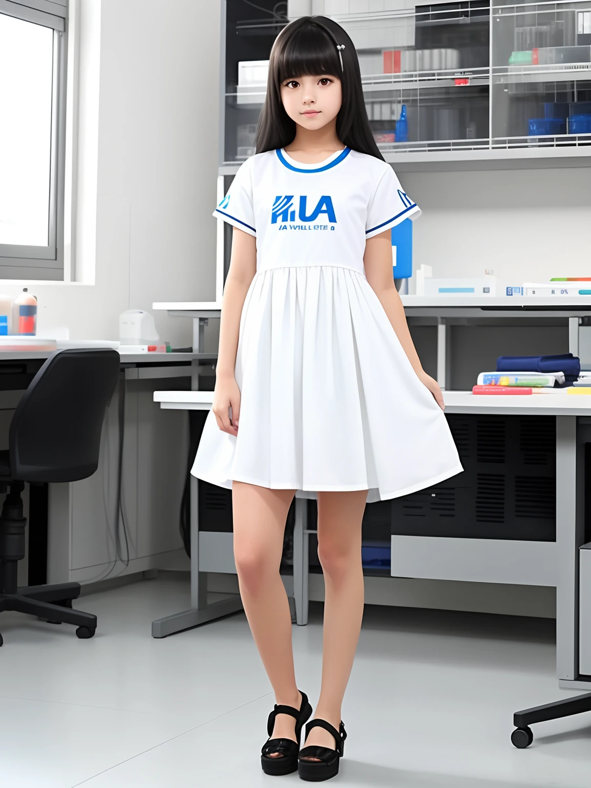 uma menina, estilo anime, vestido florado, standing on her feet, cabelo branco, in a lab, fiction, (alta qualidade), (alta resolução), vagalumes ao redor