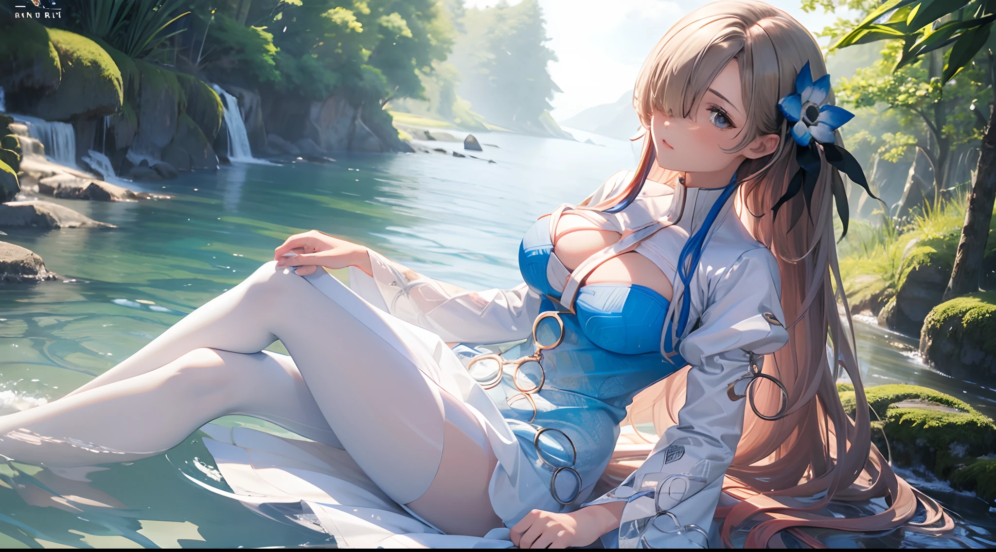 (Enrich the picture,Masterpiece level quality)Beautiful 8K CG artwork,Goddess-like posture,Sit by the river and exercise in a posture,Slim and soft,Translucent skin,Red hair、The beauty of extra-long hair, Super Long Straight Hair,The skin is fair and juicy,Big breasts underwear uniform,Perspective Part 1.2x enhanced silhouette effect,Exquisite transparent blues pattern in pajamas,The details are intricate and exquisite,The background is slightly blurred,Charming and lustful leg seduction,Drool,Extra-large big breasts,Blush,Japan goddess,Perfect body slim curves,Scene by the sea,