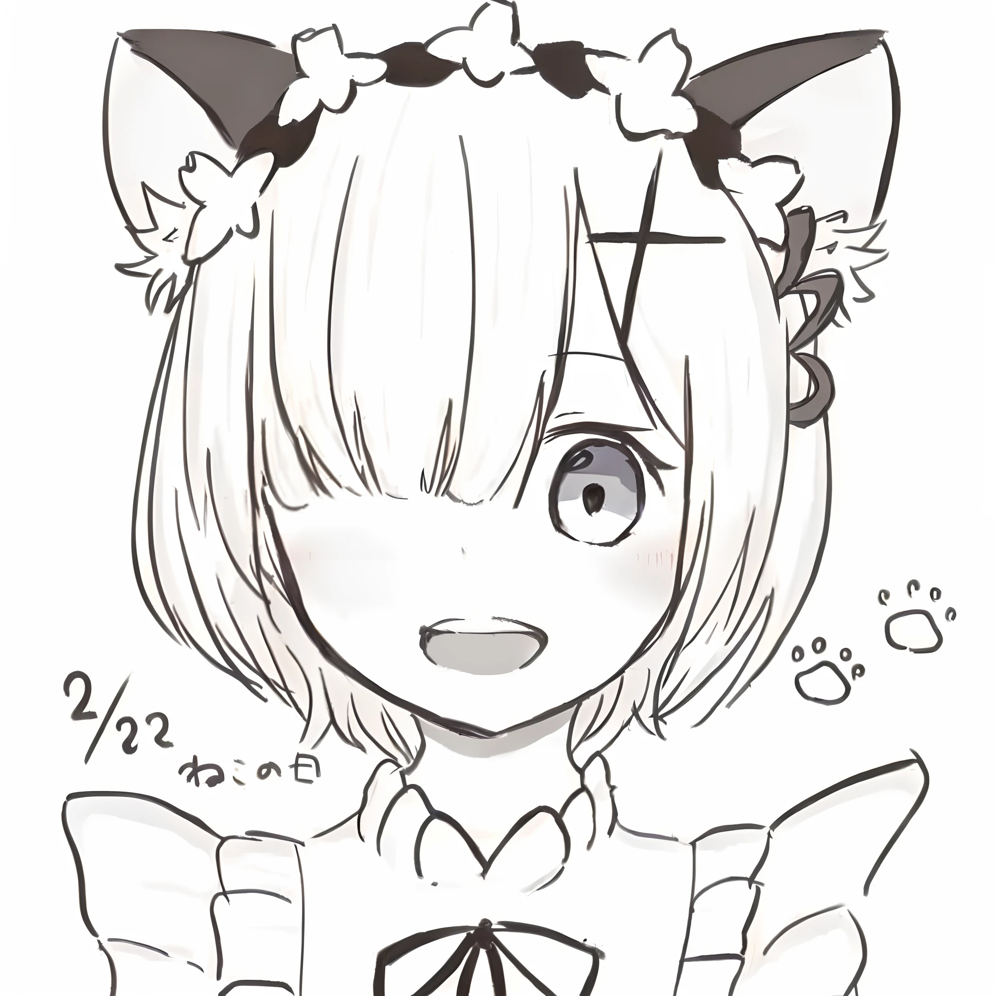 a drawing,Drew a girl with cat ears and a bow, anime girl with cat ears,Blue hair,One eye is covered with hair,the maid outfit,Reim,One eye is covered by hair。