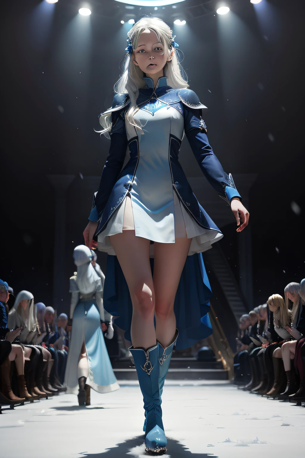 icey blue dress，one-girl，Snow-white hair，Dark blue tunic，Sky blue boots，Stand facing the audience，