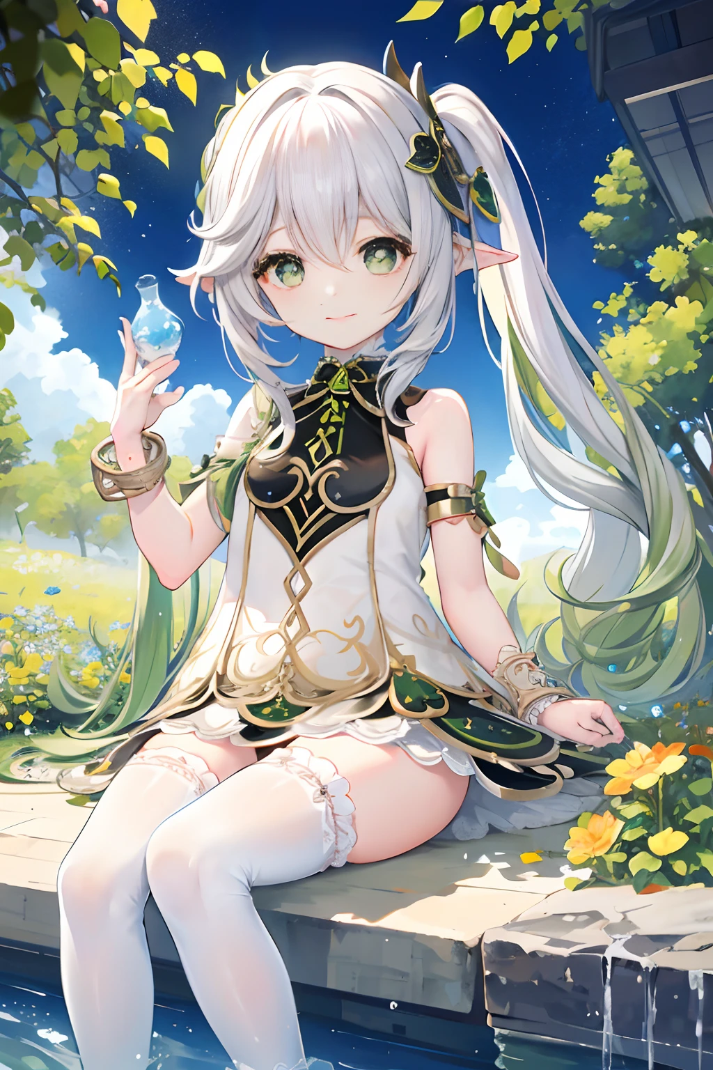 1 girlirl, 独奏, Korea, tmasterpiece, Best quality at best, extremely detaile, Perfect litthing, and the sun was shining brightly, Light tracing, Detailed beautiful face, looking at viewert, white dresses, ssee-through, upper legs, exposed bare shoulders, ssmile, White bloomer, soft shade, sitted, Bare legged, White thighs and thighs, full bodyesbian, foot out of frame, Nothing\(Genshin Impact\),adolable,white legwear,