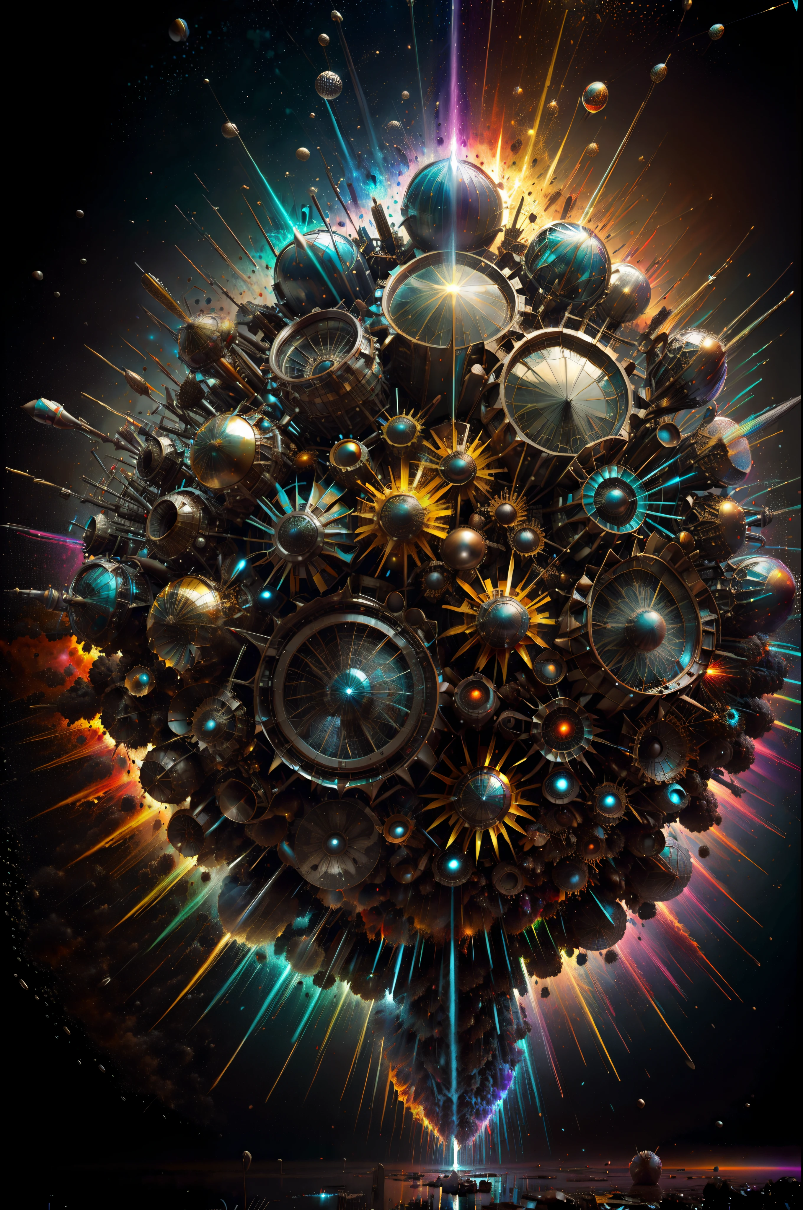 (cuenta regresiva, Explosion and take-off ),Arte de Alberto Severo, salpicaduras y gotas congeladas multicolores, dream, Pintura digital surrealista , brillos tornasolados, efectos 3D, Ultra HD, obra de arte magistral ,cinematic lighting,16k