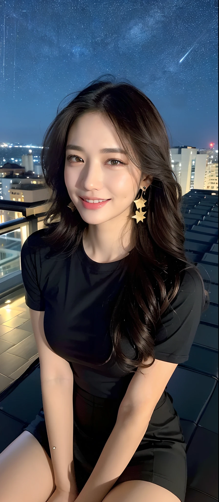 ((Best quality, 8k, Masterpiece :1.3)), Sharp focus, upper body, A pretty woman with perfect figure, slender thigh, big breast, ((black wavy hair)), (tight t-shirt, short skirt, earrings), (sitting), ((rooftop, starry night)), Highly detailed face and skin texture, Detailed eyes, Double eyelid, close up, smile