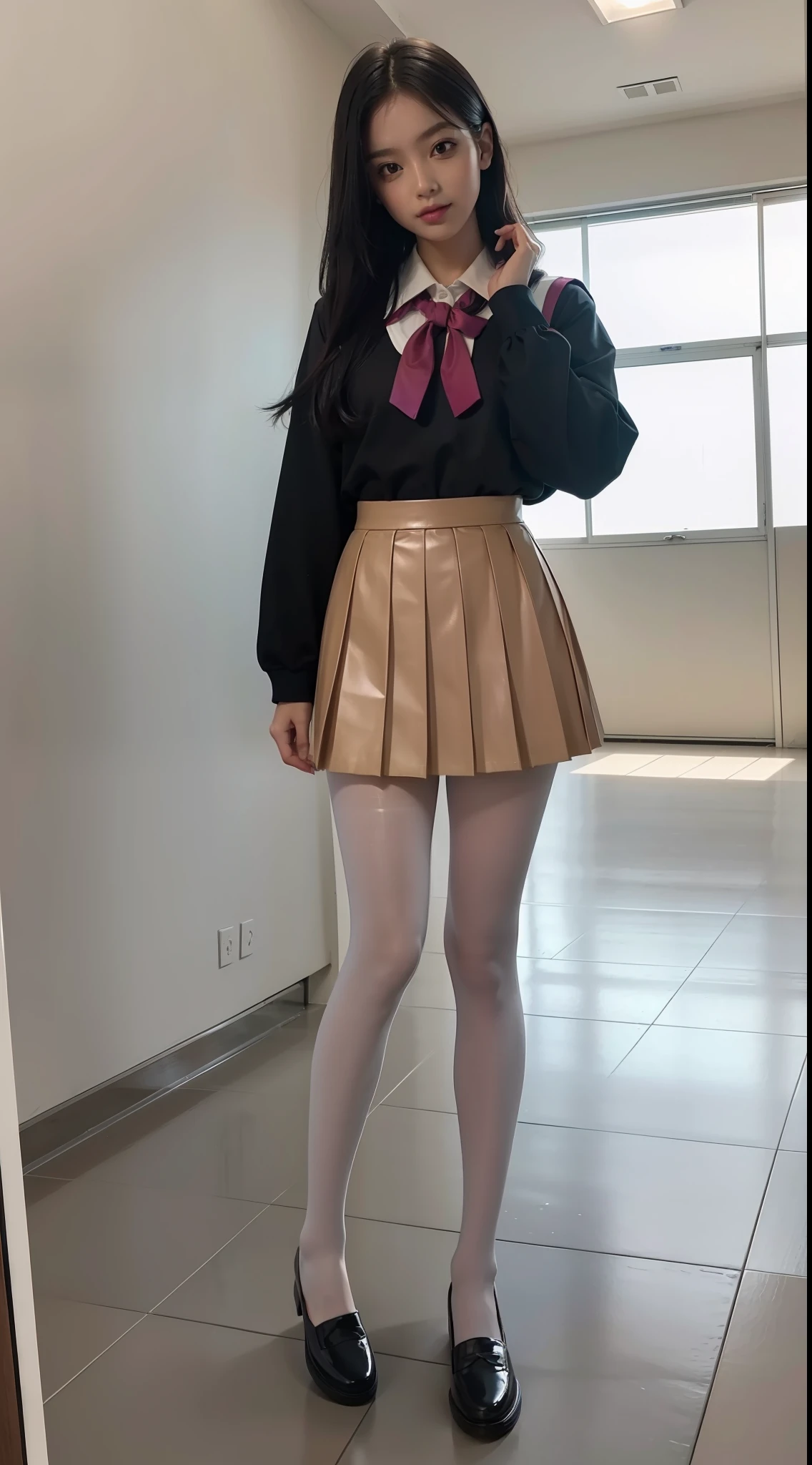 (full body:1.5),(looking at viewer:1.4),(anatomy correct:1.3),(In the paradise of the day:1.3),(Wearing Very thick Pantyhose and JK student uniform pleated skirt and JK uniform leather shoes :1.3), (A high jump posture:1.3),(In pink|amarelo|blue colors|green color|red colour|white colors|black in color|purpleish color|greys|Beige|Flesh color 1.4),,(Accurate and perfect face:1.4),(Clothing Gloss:1.25),(Skin reflection:1.25)A shallow laugh,,hyper HD, Ray traching, reflective light,structurally correct, Award-Awarded, high detal, lightand shade contrast, Face lighting,cinmatic lighting, tmasterpiece, super detailing, high high quality, high detal, best qualityer, 16k,high contrast,