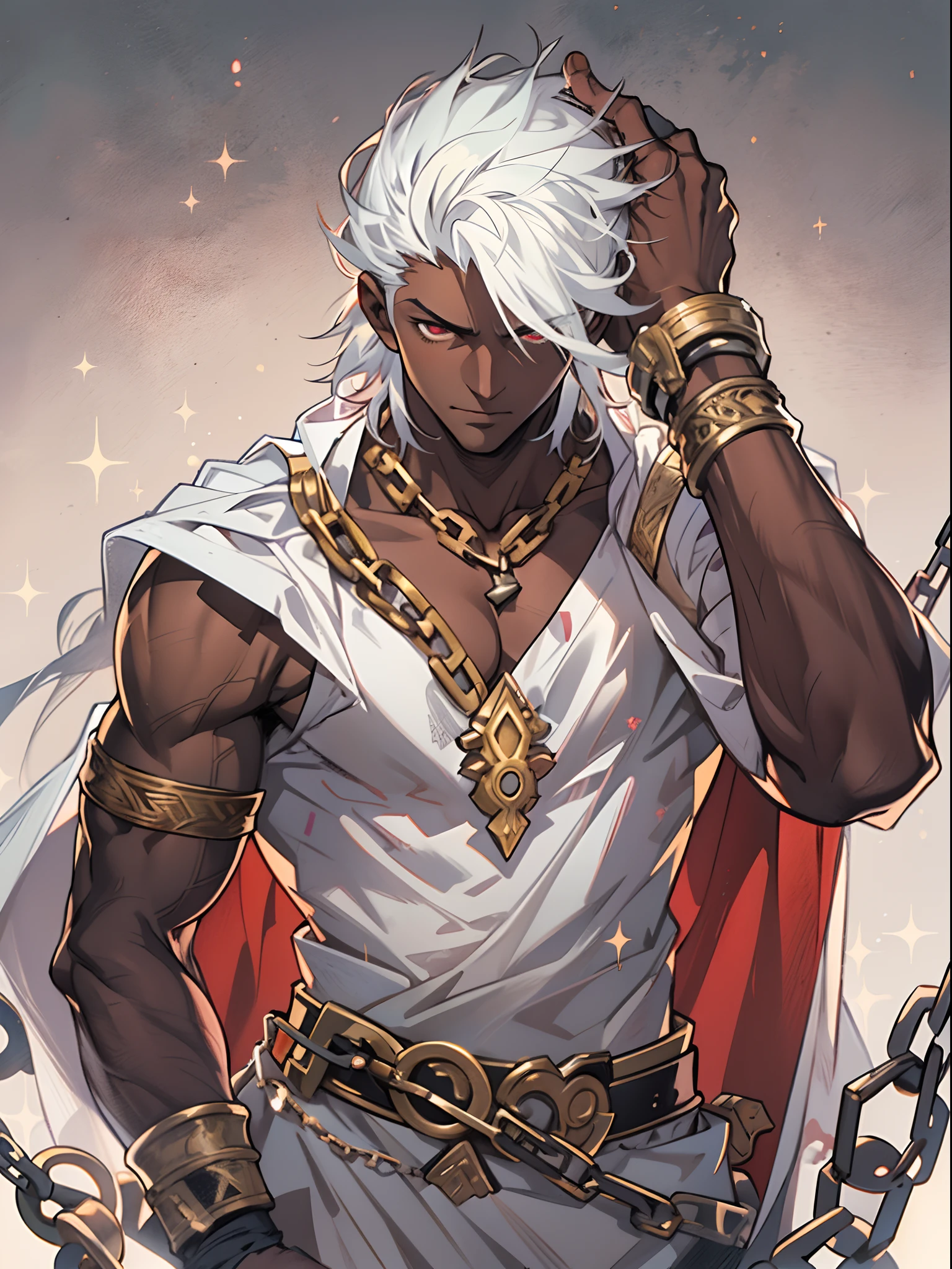 "Stunningly detailed ((anime image:1.2)) of a solo ((tall)) ((handsome)) ((muscular)) ((dark-skinned)) greek male. He is in his early 20s and has vibrant wild white hair and deep red pupils. Dressed in revealing greek fantasy clothing, including a chains around his arms.", ((upperbody portrait:1.2))