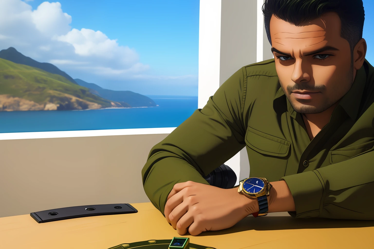 Um homem idoso, wearing olive green jacket, camisa amarela e gravata azul anil, photographing a Rolex watch on a table on which jewellery is arranged, estatuetas de ouro, pedras preciosas, colares de diamantes, canetas de ouro