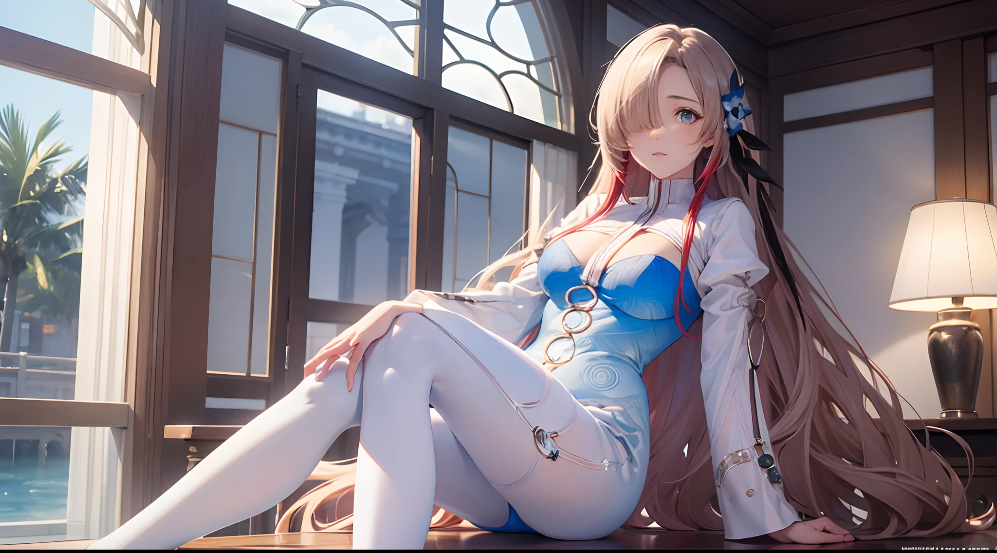 (Enrich the picture,Masterpiece level quality)Beautiful 8K CG artwork,Goddess-like posture,Sit by the river and exercise in a posture,Slim and soft,Translucent skin,Red hair、The beauty of extra-long hair, Super Long Straight Hair,The skin is fair and juicy,Big breasts underwear uniform,Perspective Part 1.2x enhanced silhouette effect,Exquisite transparent blues pattern in pajamas,The details are intricate and exquisite,The background is slightly blurred,Charming and lustful leg seduction,Drool,Extra-large big breasts,Blush,Japan goddess,Perfect body slim curves,Scene by the sea,