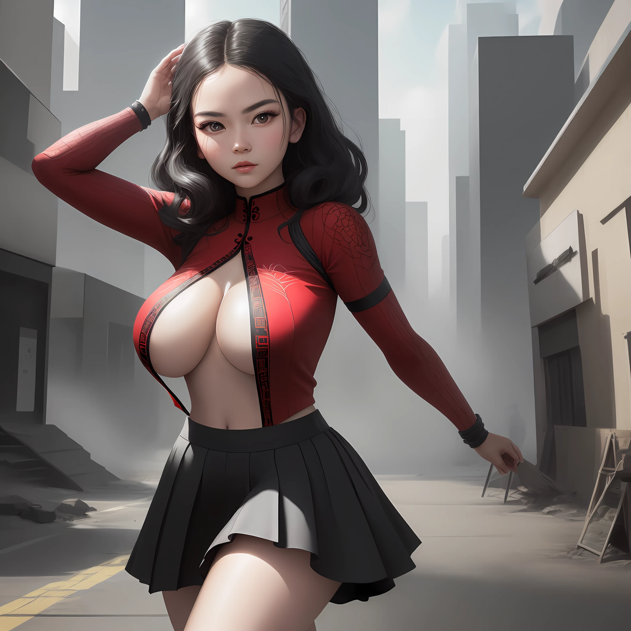 (1girl:1.3), 独奏, (((very vey very detailed face))),((very detailed eyes and faces))),beatiful detailed eyes,Body parts__,offcial art,Unified 8k wallpaper,ultra-detailliert,Beautiful and beautiful,big breasts beautiful,tmasterpiece,best qualtiy,primitive,tmasterpiece,ultra fine photos,best qualtiy,超高分辨率,photorealistic realism,rays of sunshine,full-body portraits,stunningly beautiful,,dynamicposes,delicated face,vibrant eyes,(from the front side), She wears a JK skirt,Red and black color scheme,arachne,Very detailed city roof background, Roof,looking over city,详细的脸,detailed complex busy background,untidy,opulent,milkyW,highly detailedskin,Realistic details of skin,Visible pores,Clear focus,volume fog,8k uhd,digital SLR camera,high qulity,filmgrain,White skin of the,photo-realism,lomography,A huge metropolis of the dystopia of the future, semi transparent