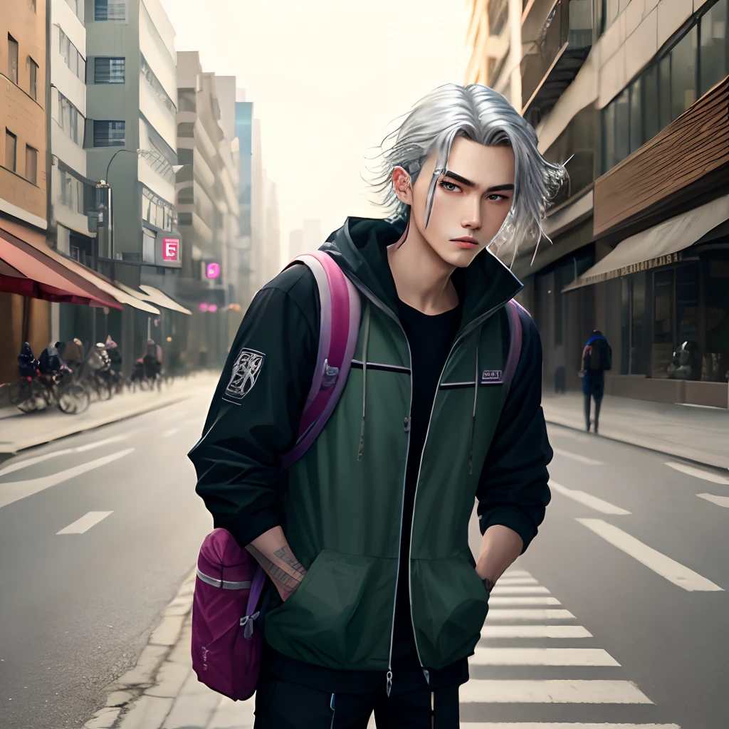 tmasterpiece,Need,1man,校服,Hand in pocket,bookbag,silber hair,Green eyes,cyber punk perssonage,street corner,