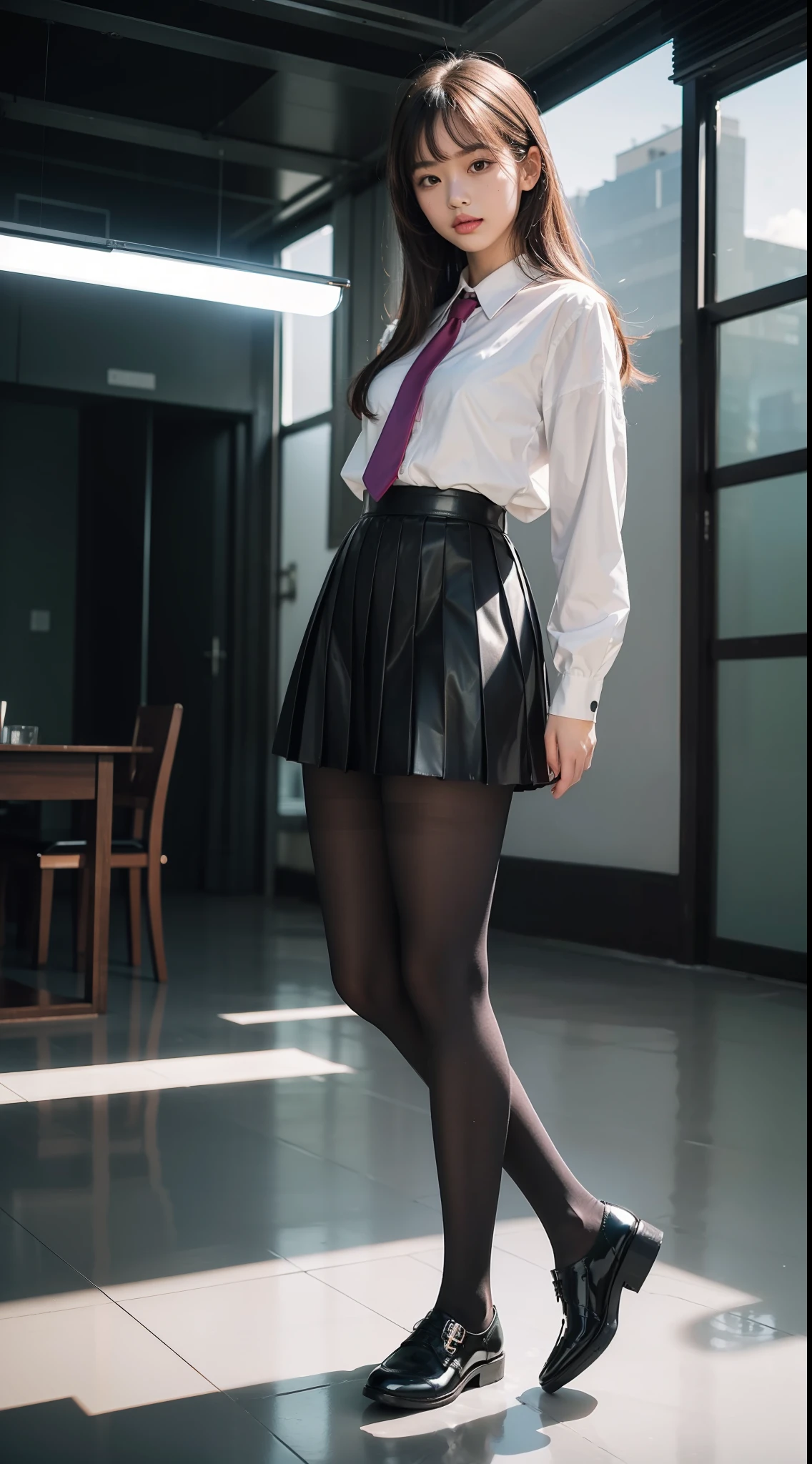 (full body:1.5)，(looking at viewer:1.4)，(anatomy correct:1.3)，(In the paradise of the day:1.3),(Wearing Very thick Pantyhose and JK student uniform pleated skirt and JK uniform leather shoes :1.3), (A high jump posture:1.3),(In pink|amarelo|blue colors|green color|red colour|white colors|black in color|purpleish color|greys|Beige|Flesh color 1.4)，,(Accurate and perfect face:1.4),(Clothing Gloss:1.25),(Skin reflection:1.25)A shallow laugh,,hyper HD, Ray traching, reflective light，structurally correct, Award-Awarded, high detal, lightand shade contrast, Face lighting，cinmatic lighting, tmasterpiece, super detailing, high high quality, high detal, best qualityer, 16k，high contrast,