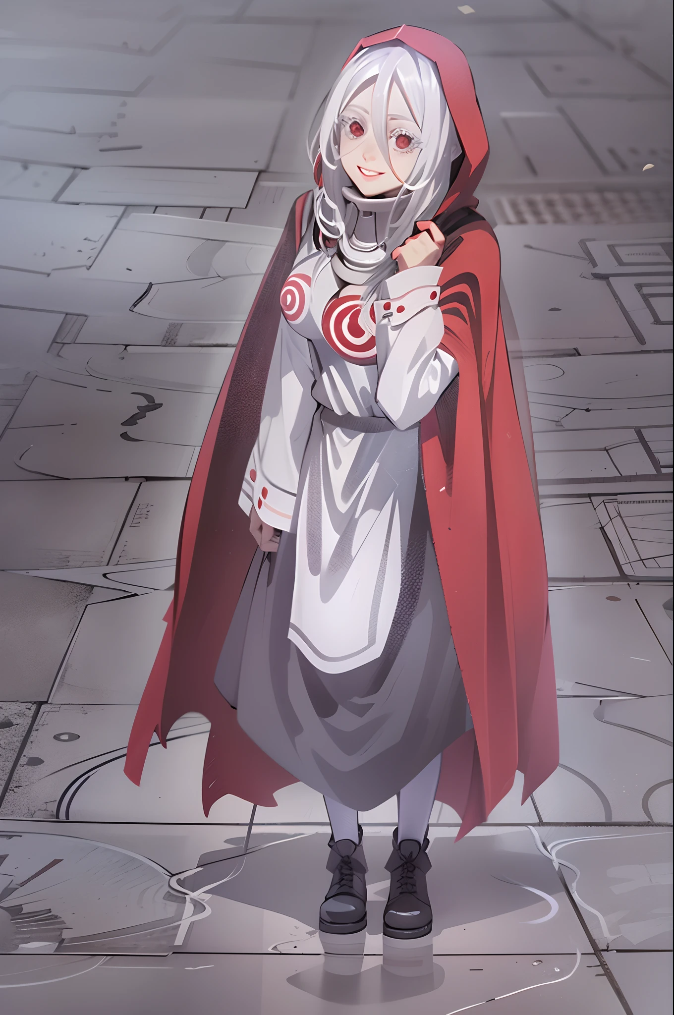 shiro /(deadman_wonderland/), sitting down on the floor, cute, (standing:1.2), (white hair:1.2), (red eyes:1.3), crazy face, crazy eyes, pale skin,, cloak, boots, smile, walking village medieval europe