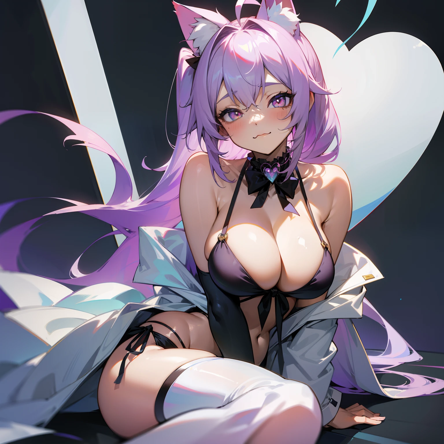 {best quality}, {{masterpiece}}, {highres}, original, extremely detailed wallpaper, 1girl, {an extremely delicate and beautiful} artbook original incredibly_absurdres female slit_pupils aqua_eyes ponytail silver_hair yellow_eyes long_hair cat_ears curvy cleavage collar side-tie_bikini flat_chest tail white_thighhighssmile,kemonomimi_mode,light purple hair,ahoge,heart-shaped pupils,cat_ears,:3,breasts,huge breasts