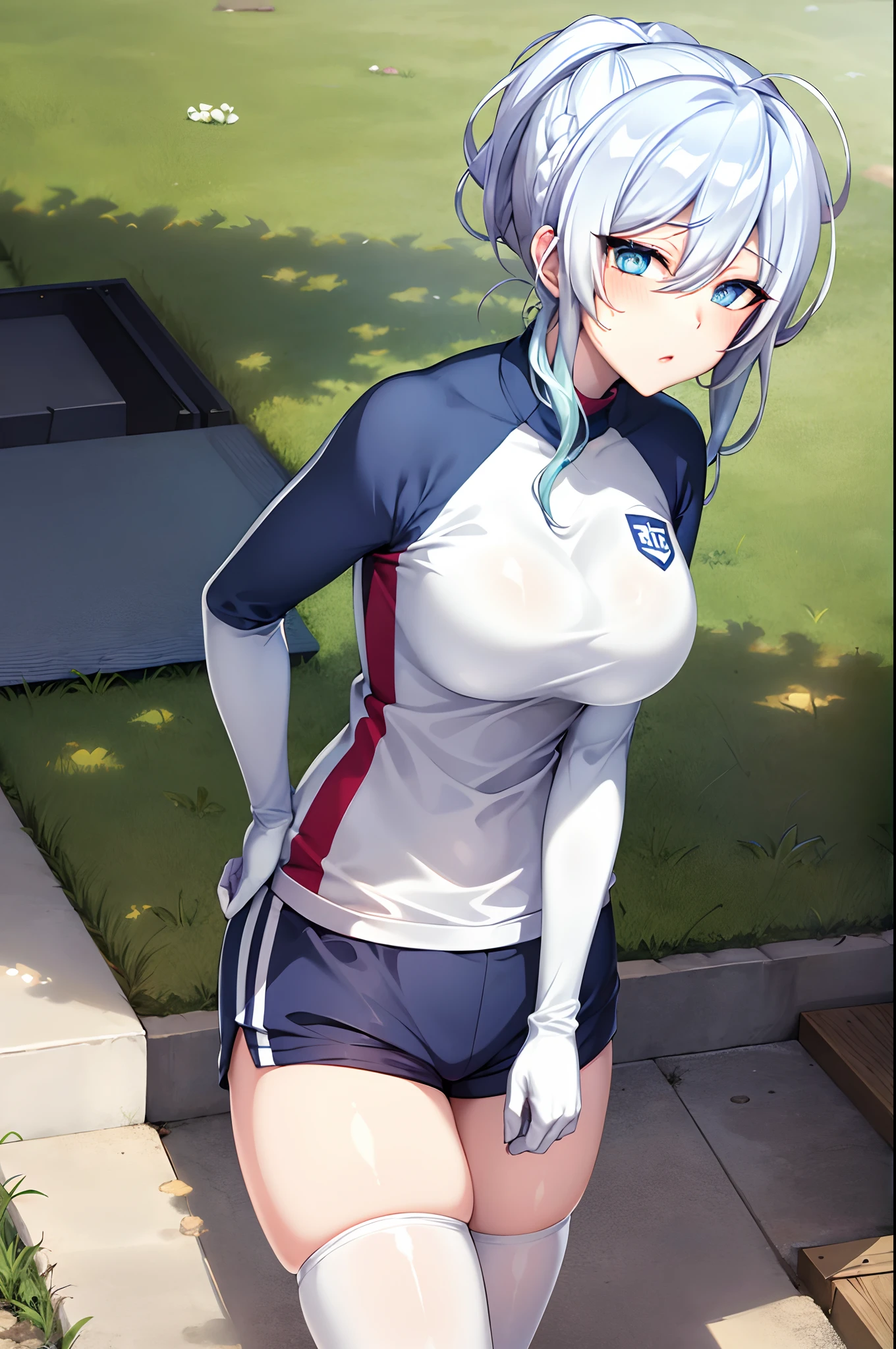 masterpiece, best quality, highres, Yukino, silver hair, blue eyes, short hair, symbol-shaped pupils, +_+, large breasts, gym uniform, white shirt, sleeveless, white gloves, elbow gloves, white shorts, gym shorts, short shorts, white thighhighs, outdoor, playground, grass, cowboy shot, standing, leaning forward,