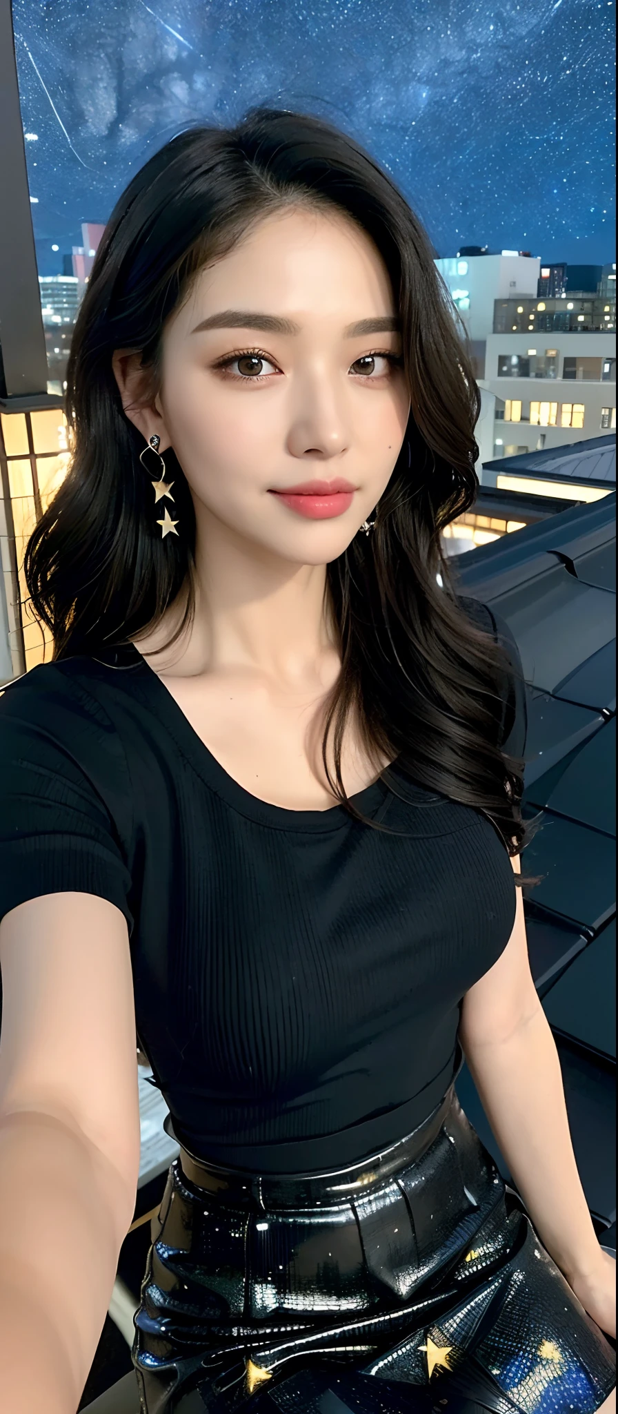 ((Best quality, 8k, Masterpiece :1.3)), Sharp focus, upper body, A pretty woman with perfect figure, slender thigh, big breast, ((black wavy hair)), (tight t-shirt, short skirt, earrings), (sitting), ((rooftop, starry night)), Highly detailed face and skin texture, Detailed eyes, Double eyelid, close up, smile