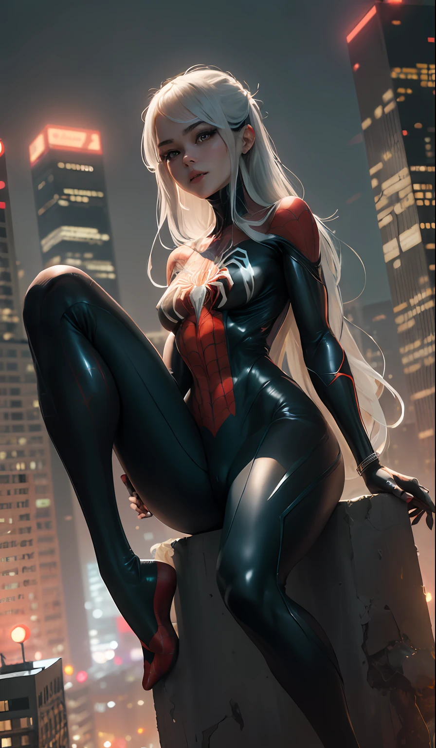 4k, realistic, carismatic, very detail, there is a girl on top city, wearing spiderman costum, she is a spidergirl, black super hero theme, white long hair, 25 years old, full body,