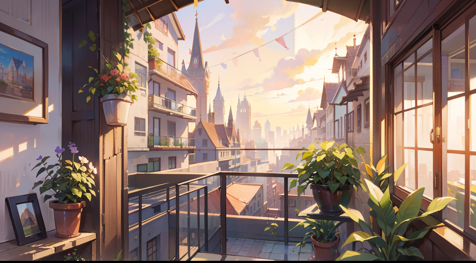 (masterpiece), best quality, ultra high res, detailed structure, detailed architecture, (warm pastel color), mini balcony, plants, flower, (at morning time:1.5), city view