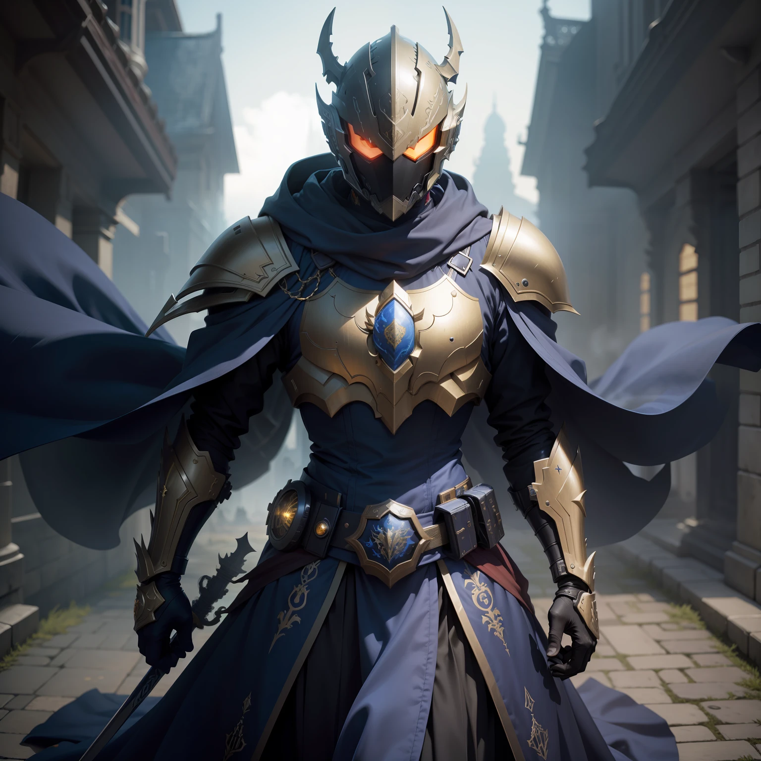 Highest image quality,Outstanding details,超高分辨率,(Fidelity:1.4),The best illustration,Side face close-up,Kamen Rider,Classical Chinese armor,Dark gold armor,Long skirt armor,Raise the sword in your right hand,The sword body flashes blue,The helmet has the characteristics of a dragon,Cloak,cyber punk perssonage,Futuristic,mechanically aesthetic,Complex machinery,The background is a dark castle,Virtual Engine 5,Perfect detail rendering,rendering by octane,hyper HD