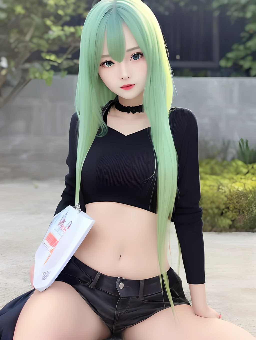 1 girl long green hair showing her  and  to viewer while there's 5 black  around her