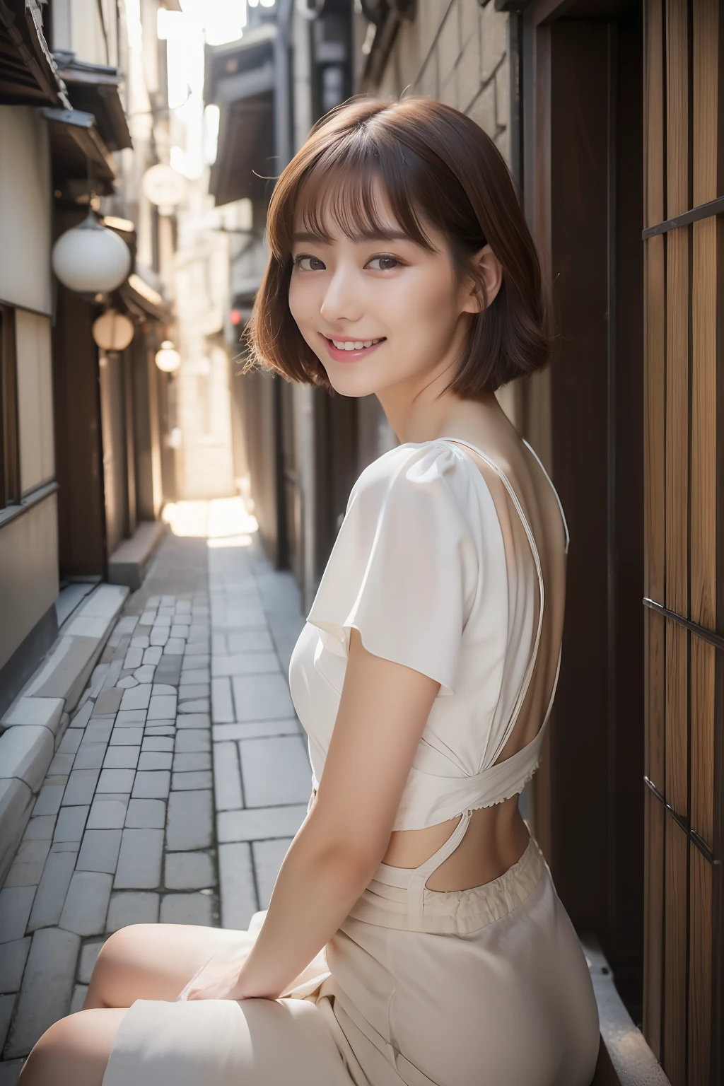 ((top-quality、8K、​masterpiece:1.3))、Photoreality(1.4))、Raw photo、single woman、ligh brown hair、short-hair、Super delicate facial Japan、Delicat eyes、二重まぶた、lightsmile、Sitting open crotch、Back alley