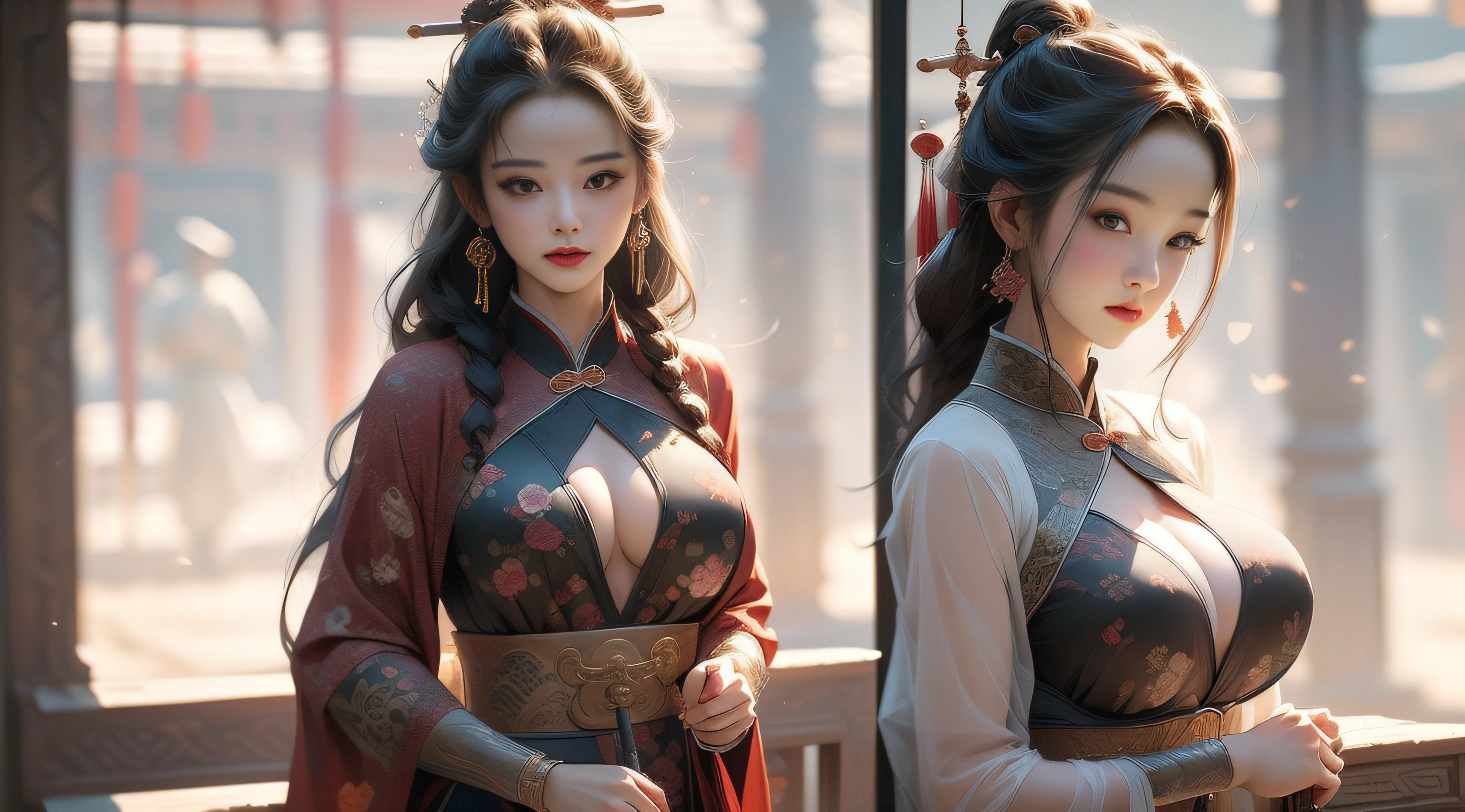 finedetail,Best quality(Masterpiece:1.4),(Best quality:1.4)(master piece:1.2,high high quality),(Pisif:1.4),Song Dynasty gong strokes,Huge breasts,Open your clothes,see-through transparent clothes,exposing her chest