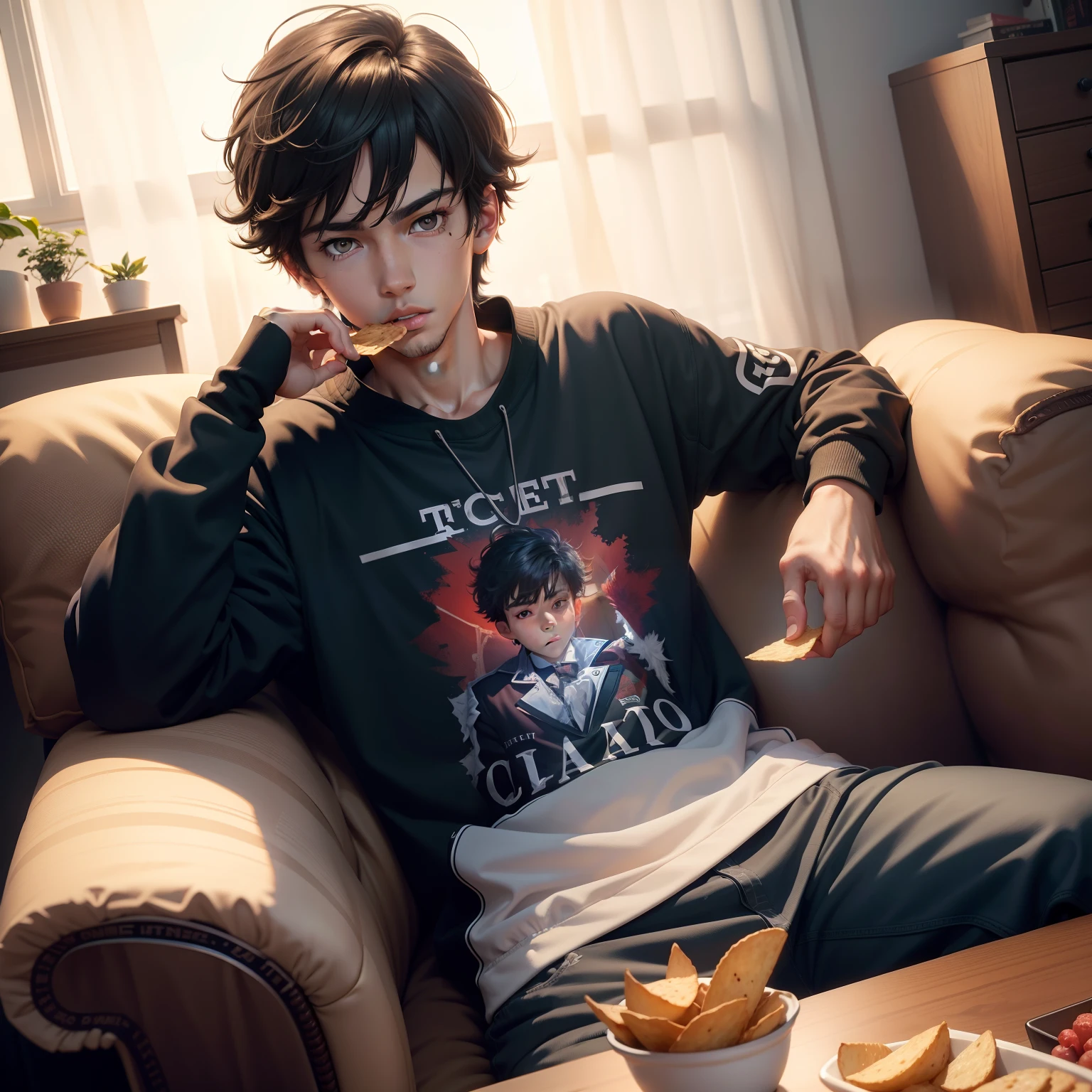 tmasterpiece，best qualtiy，Ultra-detailed 8K illustration，clear lighting，Home，sitting in the couch，Lazy，Anime boys，handsomeness，Cute teenager，Eating potato chips