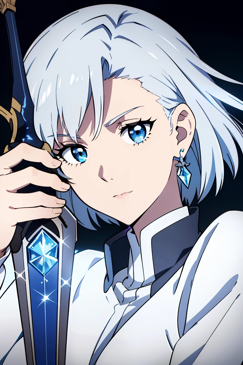 Female, ************, bright blue eyes, eyes squinted, short silver hair, crystal earring in left ear, detailed face pale skin, simple brown adventurer outfit, white robe, holding crystal sword, white background, front camera