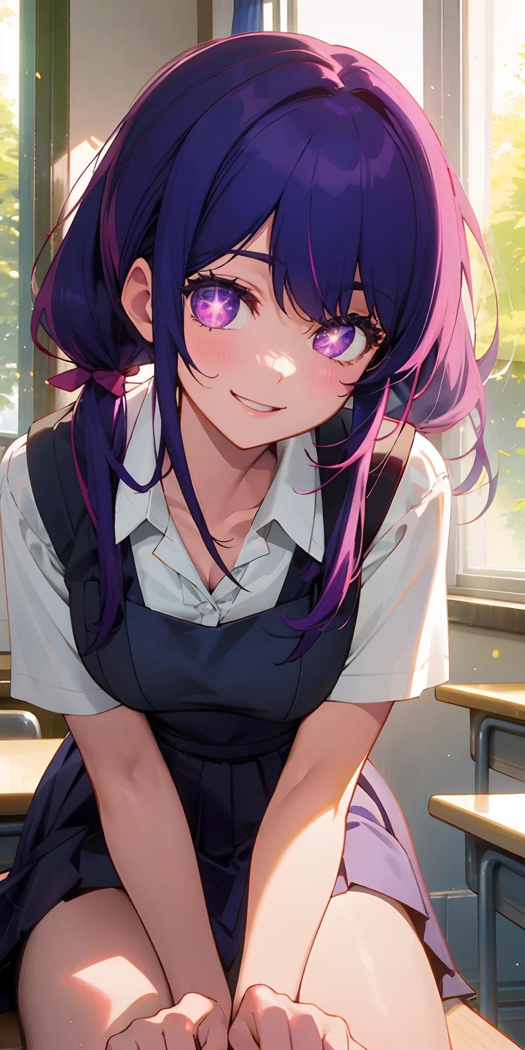 (Best quality:1.4, Masterpiece, 4K, Details), Ai Hoshino, Long hair, Purple hair, Striped hair, side ponytails, Beautiful detailed eyes, Purple eyes, hair adornments, Smile, butterfly-sitting pose holding feet, school uniform, Classroom Background, busty figure,nedium breasts,paleskin,Extreme closeup, Glowing eyes, sun light from window, glitter effects,
