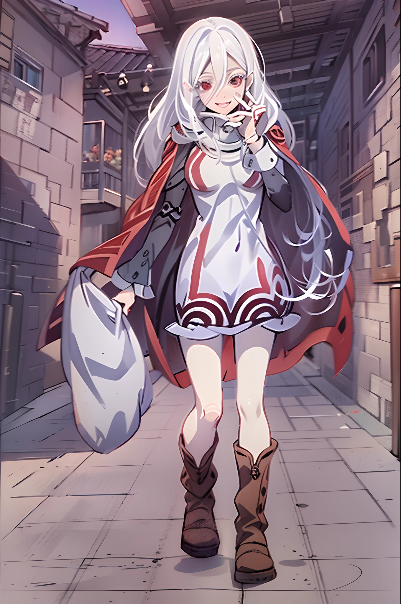 shiro /(deadman_wonderland/), cute, (standing:1.2), (white hair:1.2), (red eyes:1.3), crazy face, crazy eyes, pale skin,, cloak, boots, smile, walking village medieval europe, dress