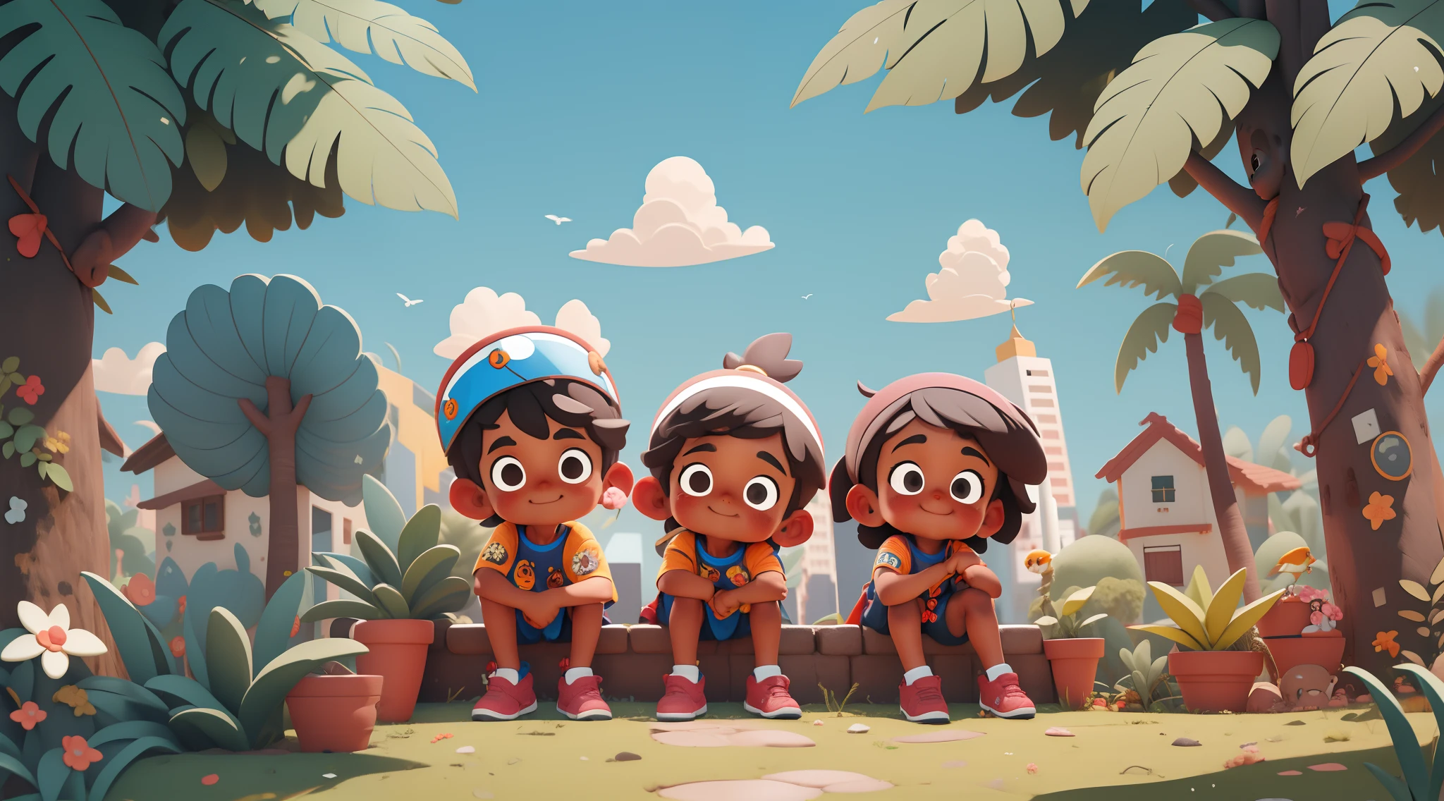 olhando pada o telespectador, uma menina e dois meninos, garotos (masculino) sentados, felizes, alegres, semblante alegre, near some trees and plants, Com uma linda cidade de fundo, cidade moderna, with a few buildings in the distance, no centro da imagem vemos Um Menino, cabelo lisos, cabelo pequeno, pouco volume, corte pequeno, castanhos com franja, Fofo, pele escura, 8 anos, magro, next to him is A Boy, cabelo cacheado, castanhos, olhos castanhos, fofo, pele escura, 8 anos, magro, on the other side is A girl, cabelos lisos, castanhos, olhos castanhos, pele clara,8 anos, magra, fofa. Fundo Altamente detalhado, sharp focus but children, pele detalhada, rosto detalhado, detailed hands, roupas detalhadas, fundo detalhado, designer de livro infantil.