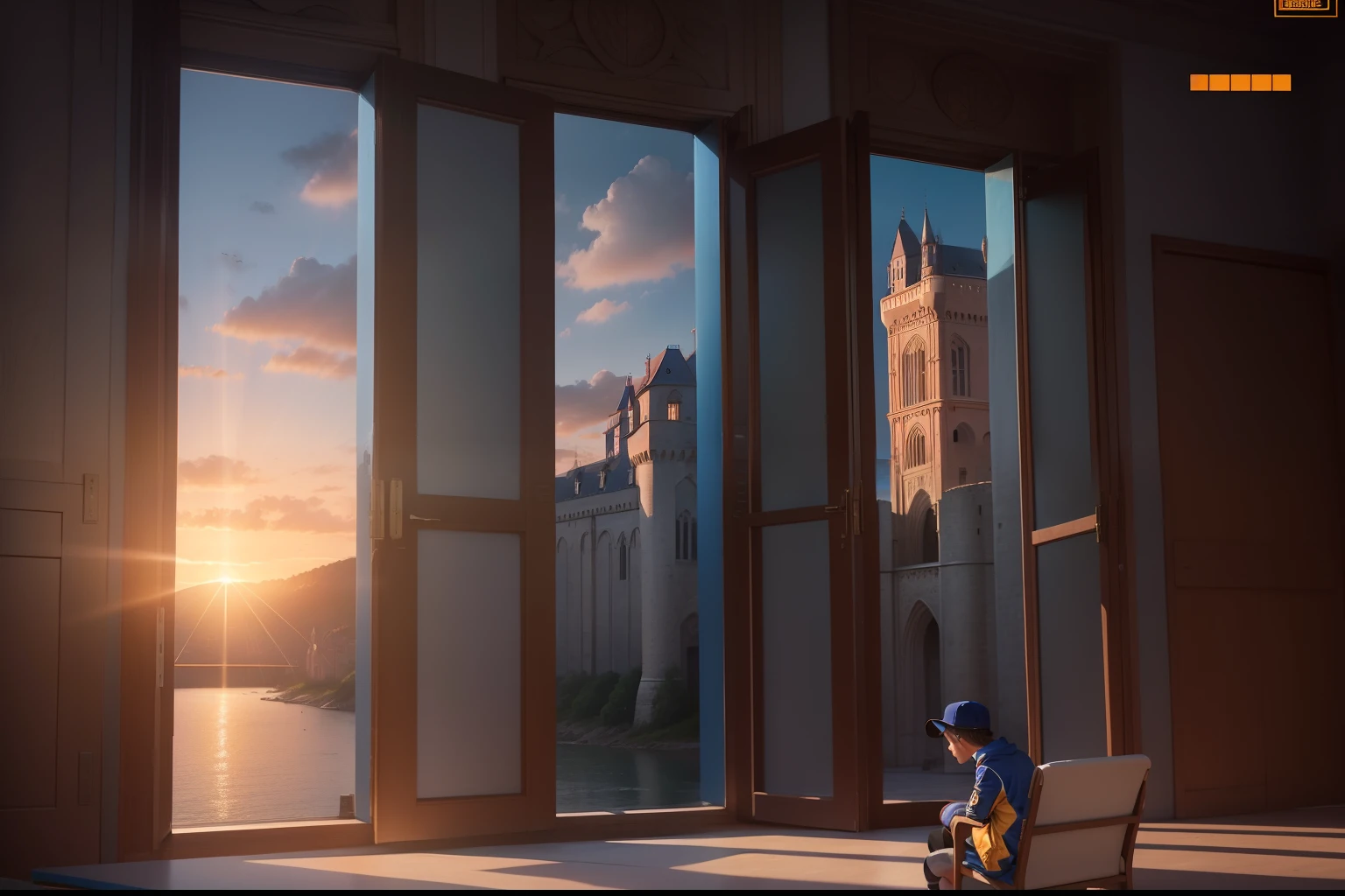 Sunset One wears a blue baseball uniform school uniform（The school emblem armband of the uniform is a shield type，It is printed with a yellow side view of the castle tower，On the side drawing of the castle tower is written HES，Below the HES there is the number 2005）of boys wearing hoods made of rectangular cowhide bags sit on a single sofa （The school emblem is required to be seen clearly）