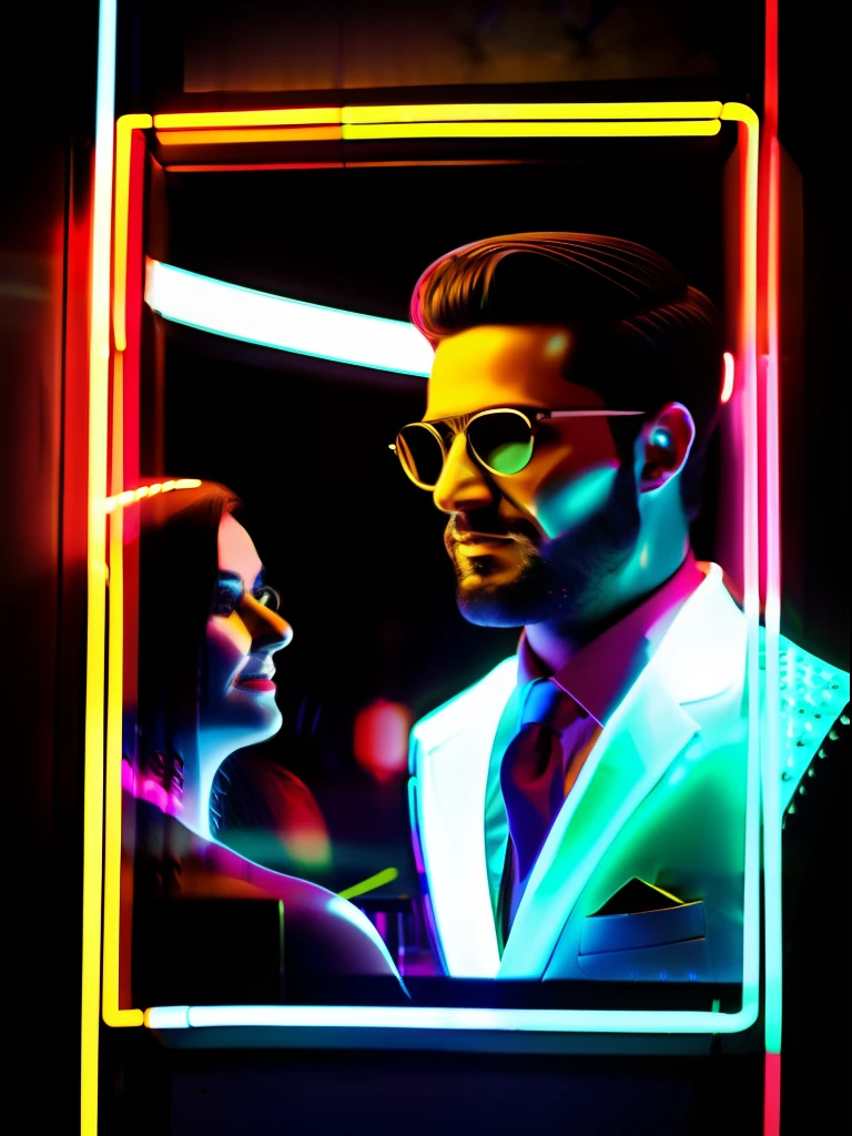 A portrait of an American extremely handsome couple dressed in an elegant clothing, illuminated by the vibrant neon lights of a stylish bar. The couple exudes sophistication and joy, their poise capturing the essence of Parisian sexuality. Their clothing is modern and sexy. The neon lights cast a colorful glow on both faces, accentuating their extraordinary beautiful features and adding a contemporary flair to the scene. The bar's atmosphere is buzzing with energy, with the soft murmur of conversations and clinking glasses in the background. The composition of this photo is carefully crafted, capturing the man’s allure and the ambiance of the bar in perfect harmony. Photographed by Paolo Roversi, using a Leica SL2 with a 50mm lens, the lighting combines the neon lights of the bar with subtle fill light, creating a captivating and glamorous image