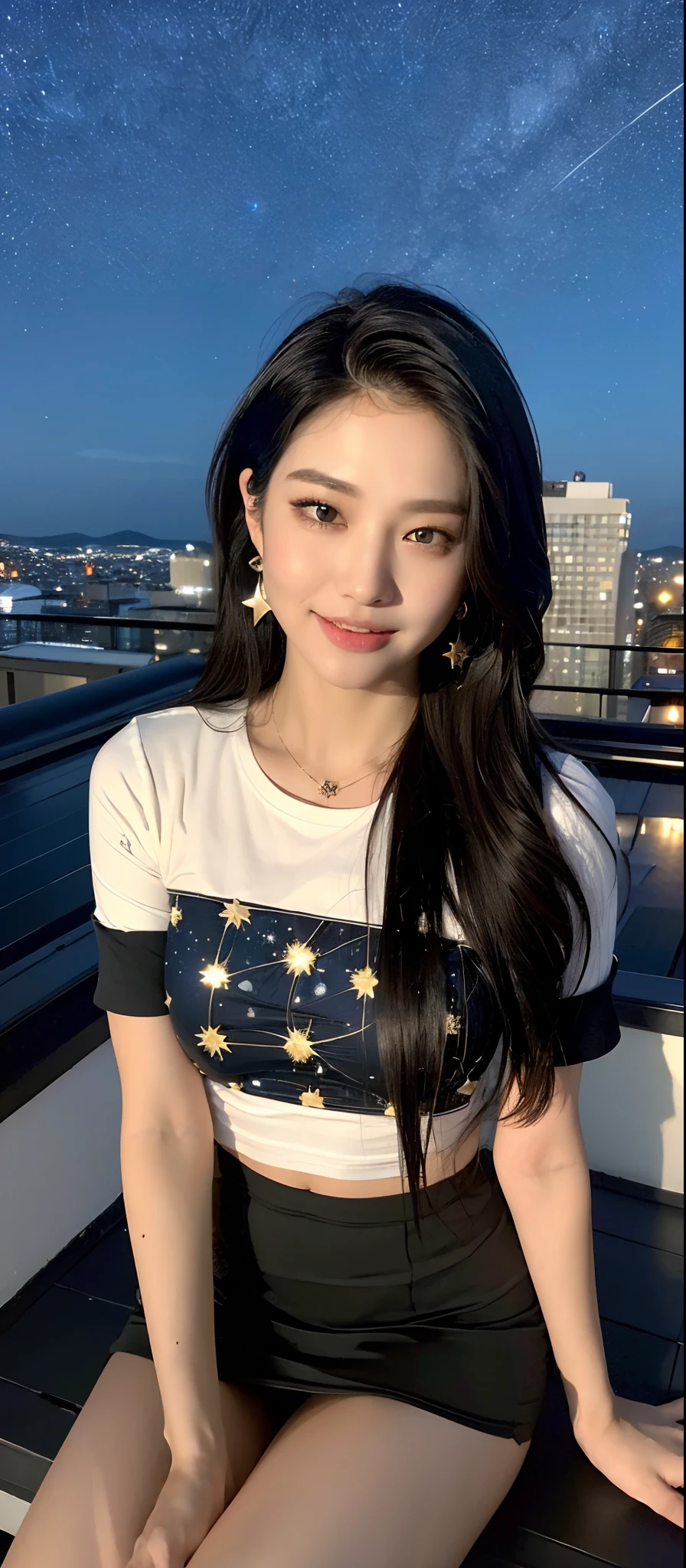 ((Best quality, 8k, Masterpiece :1.3)), Sharp focus, upper body, A pretty woman with perfect figure, slender thigh, big breast, ((black layered hairstyles)), (tight t-shirt, short skirt, earrings), (sitting), ((rooftop, starry night)), Highly detailed face and skin texture, Detailed eyes, Double eyelid, close up, smile