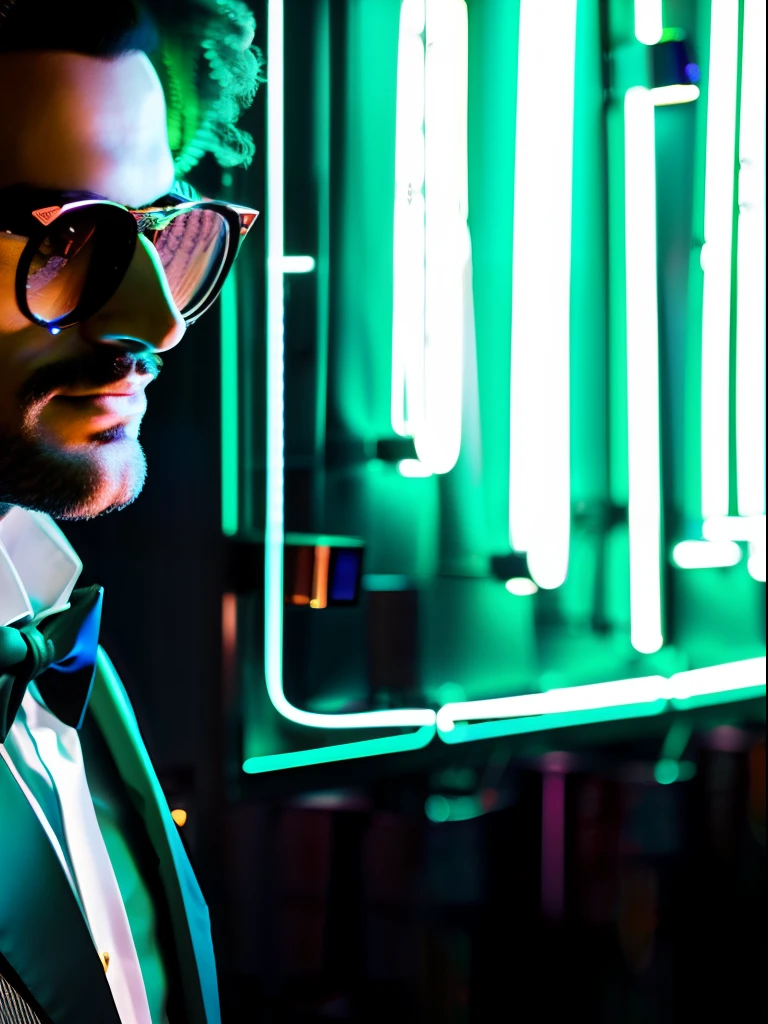 A portrait of an American extremely handsome couple dressed in an elegant clothing, illuminated by the vibrant neon lights of a stylish bar. The couple exudes sophistication and joy, their poise capturing the essence of Parisian sexuality. Their clothing is modern and sexy. The neon lights cast a colorful glow on both faces, accentuating their extraordinary beautiful features and adding a contemporary flair to the scene. The bar's atmosphere is buzzing with energy, with the soft murmur of conversations and clinking glasses in the background. The composition of this photo is carefully crafted, capturing the man’s allure and the ambiance of the bar in perfect harmony. Photographed by Paolo Roversi, using a Leica SL2 with a 50mm lens, the lighting combines the neon lights of the bar with subtle fill light, creating a captivating and glamorous image
