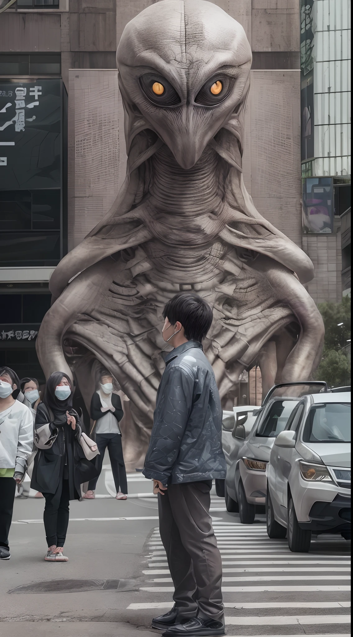 「In downtown Shinjuku、The sight of a huge alien suddenly appearing、Please depict in high quality and live-action system.。Surrounded by crowds、The alien's strange form is as huge as the building behind it.、Overwhelm everything you see。The alien's skin is covered with bizarre patterns、The eyes and mouth are depicted as extra-dimensional.、That existence is a person々Causes fear and anxiety to。People around you々abounds in astonishment and confusion、The fleeing figure is realistically reproduced with high-resolution images.。This sight is、A sense of urgency caused by the presence of another dimension that suddenly appeared in the hustle and bustle of the city.、It emphasizes human helplessness。」