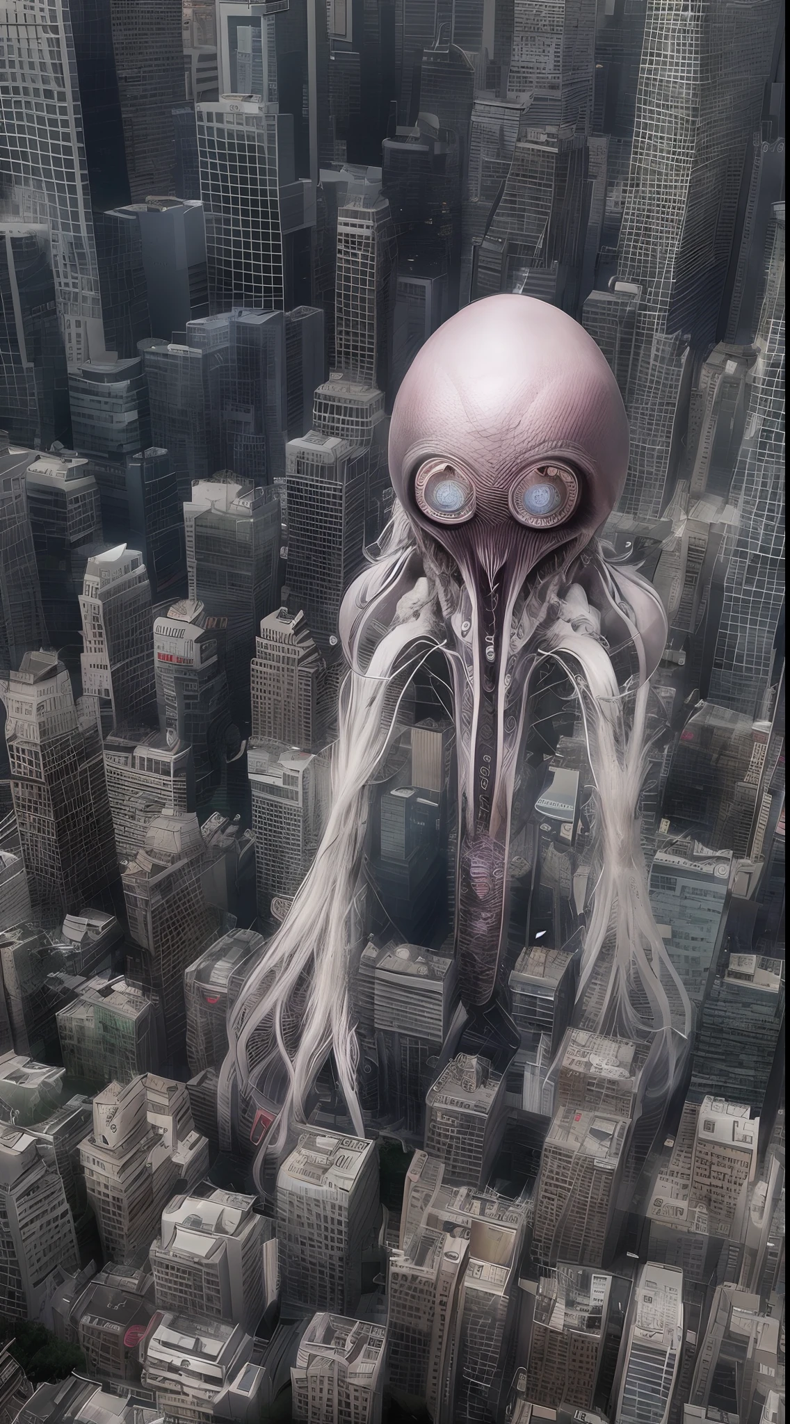 「In downtown Shinjuku、The sight of a huge alien suddenly appearing、Please depict in high quality and live-action system.。Surrounded by crowds、The alien's strange form is as huge as the building behind it.、Overwhelm everything you see。The alien's skin is covered with bizarre patterns、The eyes and mouth are depicted as extra-dimensional.、That existence is a person々Causes fear and anxiety to。People around you々abounds in astonishment and confusion、The fleeing figure is realistically reproduced with high-resolution images.。This sight is、A sense of urgency caused by the presence of another dimension that suddenly appeared in the hustle and bustle of the city.、It emphasizes human helplessness。」